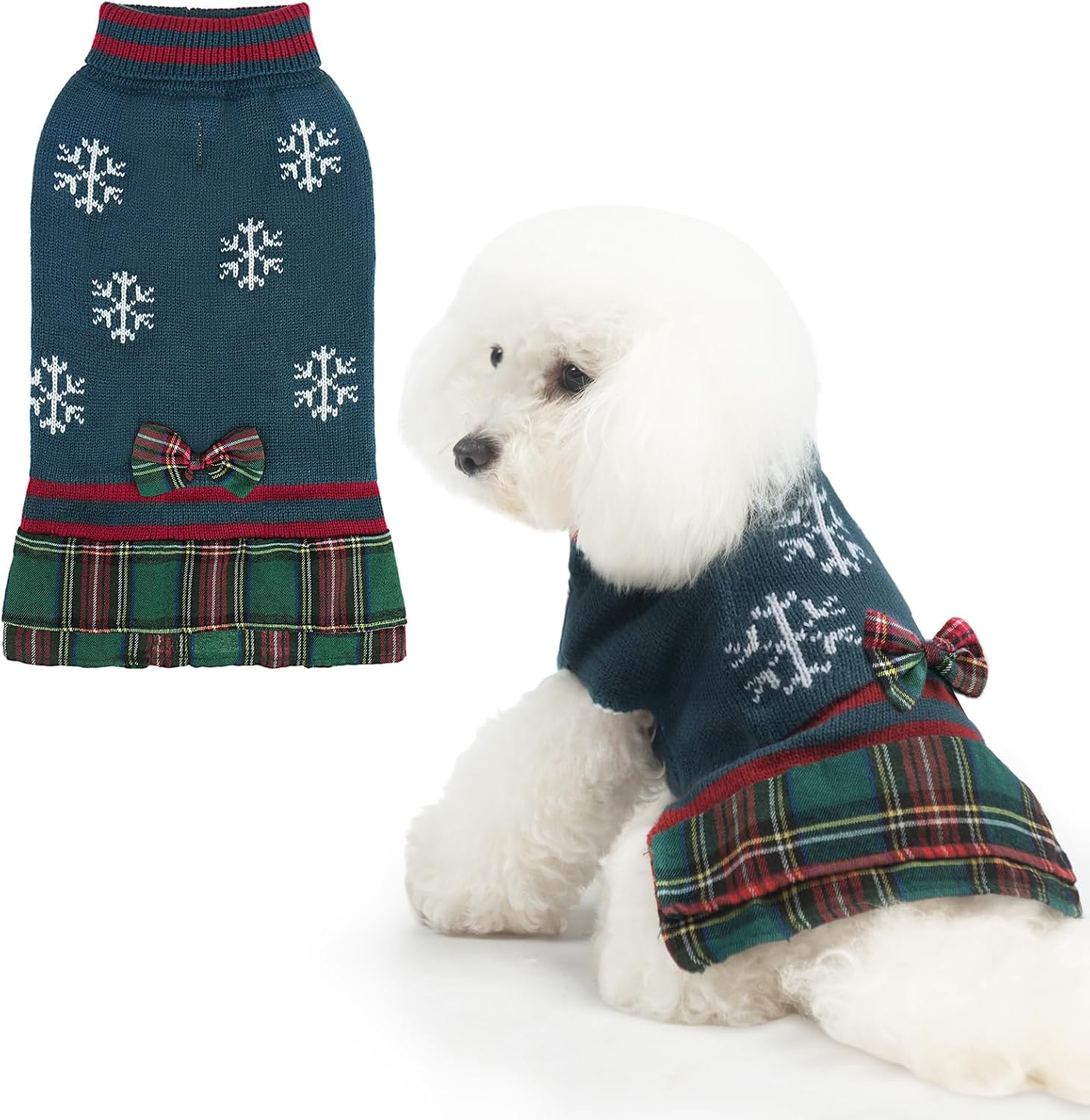 PAWCHIE Dog Sweater Dress with Bowtie - Dog Turtleneck Pullover Knitwear for Small Dogs Girls Cold Weather Sweater with Leash Hole, Suitable for Small Medium Dogs Puppies