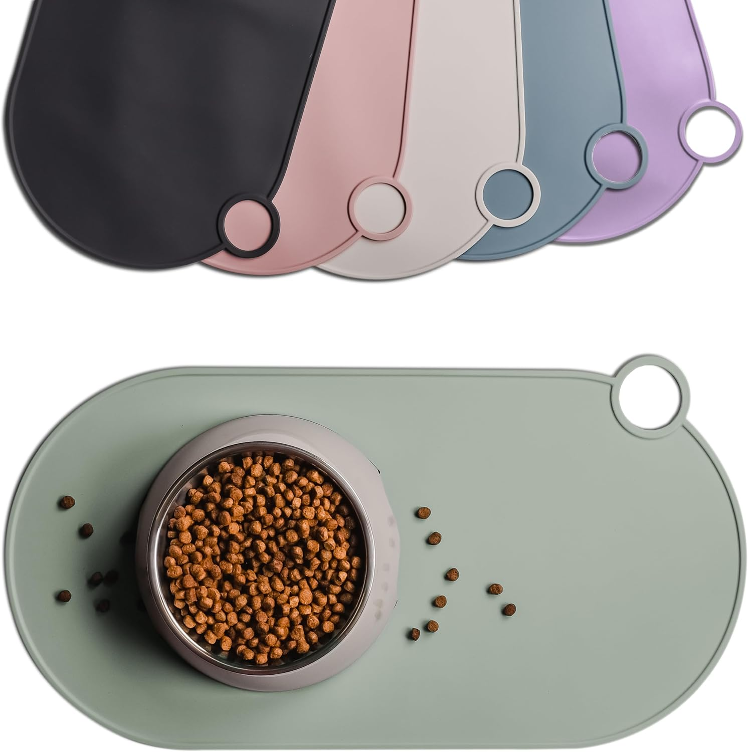 Ne&No Silicone Bowl Mat for Cats and Small Dogs Cat Bowl Mat Waterproof Feeding Mat Non-Slip Silicone Mat with Hanging Loop 49 X 25 Cm (Sage Green)