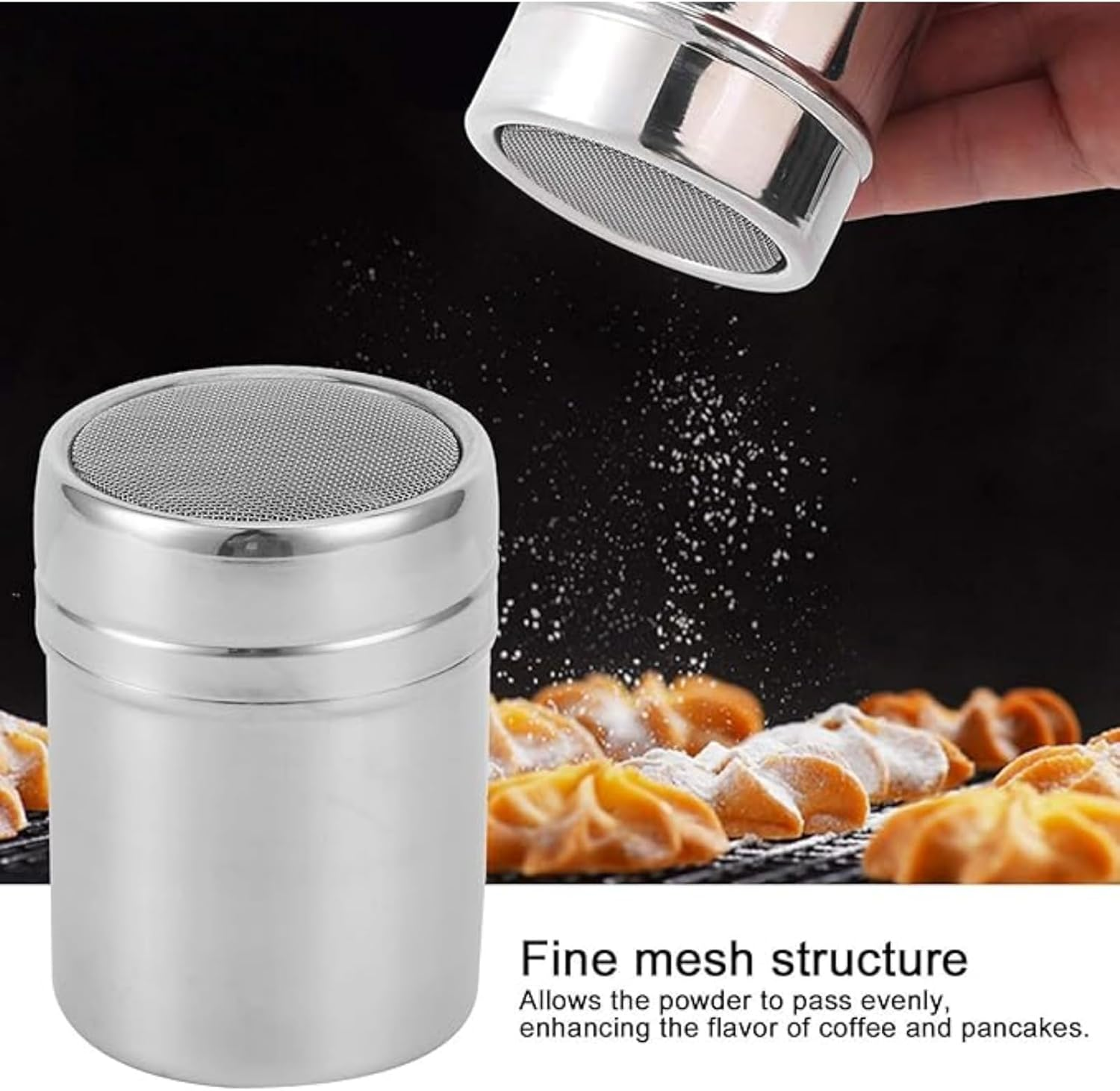 RODISHOMM Bakeset Fine Mesh Powder Shaker for Baking, Stainless Steel Dredger for Cocoa, Icing Sugar, Coffee, Flour Sprinkling, Kitchen Decorating Tool image number 3
