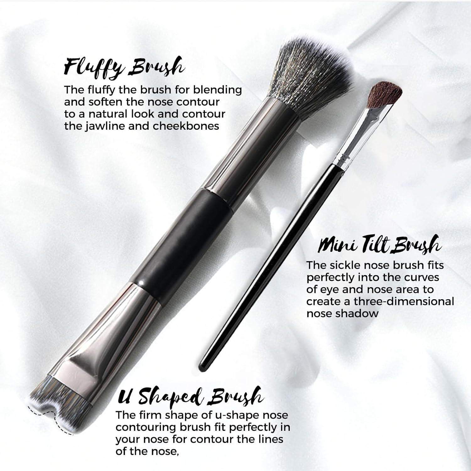 2PCS Nose Contour Brushes, 2-In-1 U-Shaped Brush and Fluffy Brush, Angled Tilt Brush, Nose Brushes Set for Nose Sculpting and Defining image number 1