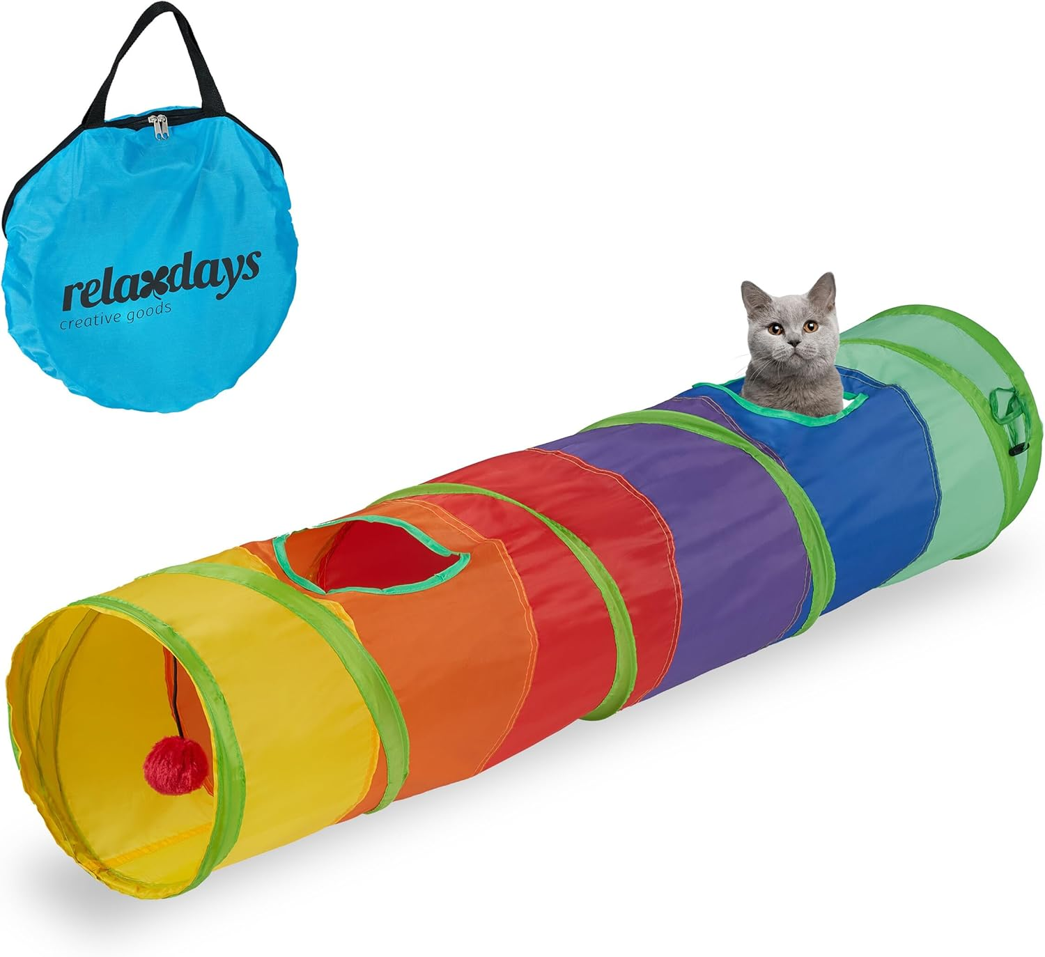 Relaxdays Cat Tunnel Foldable 115 X 25 Cm with Holes & Carry Bag, Interactive Cat Play Tunnel, Colourful image number 1