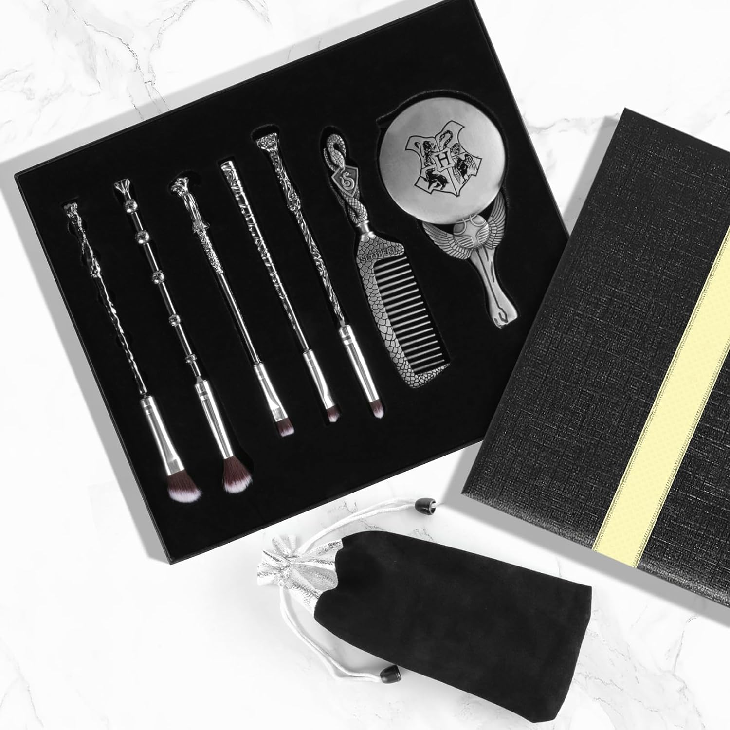 Harry Gifts for Women, Potter Makeup Brushes with Mirror & Comb, Christmas Birthday Gifts for Kids, Silver