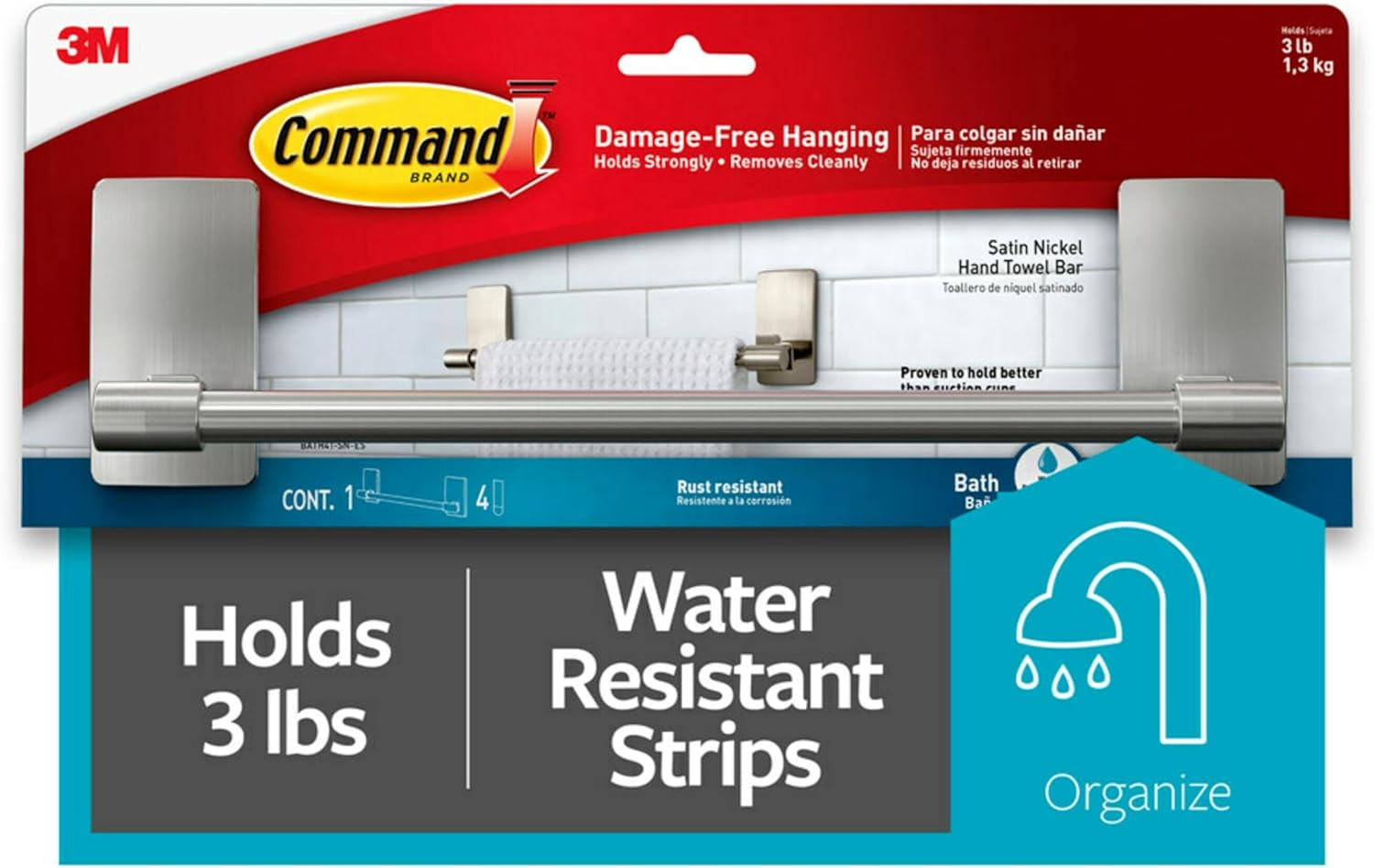 Command Hand Towel Bar, Satin Nickel, 1-Towel Bar (BATH41-SN-ES) image number 2