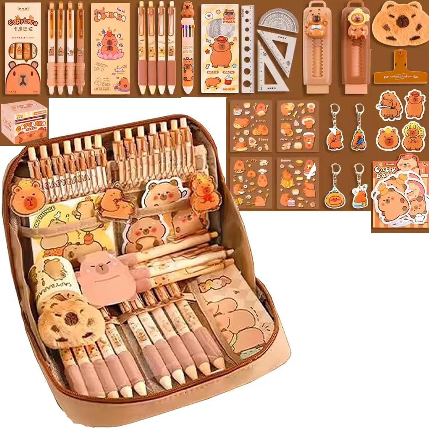 WEZCHUGHAOL Capybara Stationery Set, Cartoon Pencil Bag, Cute Pencil Case with Pens, Clips, Rulers and More, Wide Opening Pen Organiser image number 6