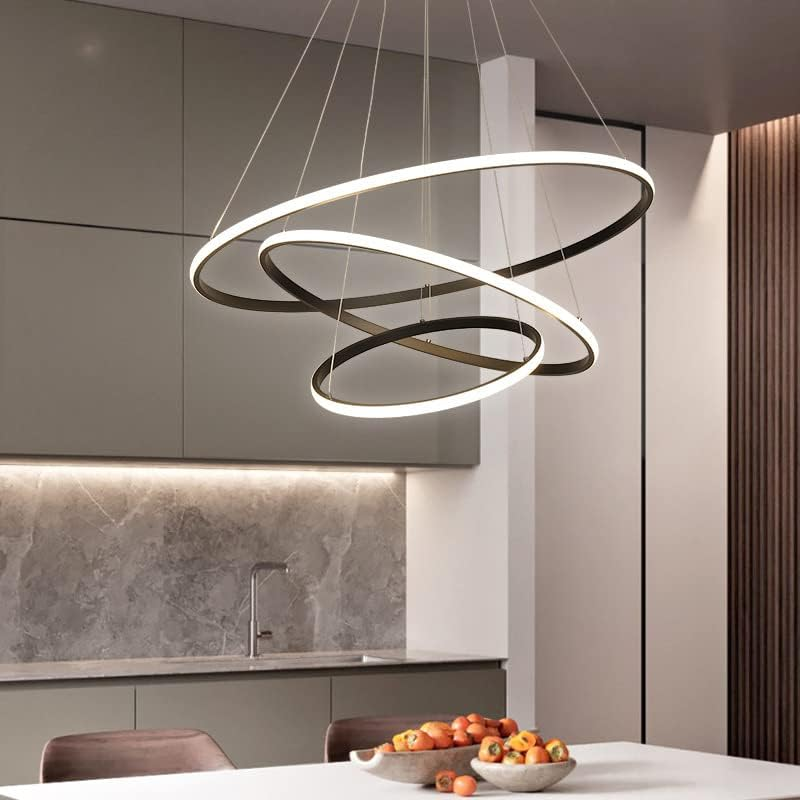 USOR Modern LED Chandelier, Dimmable Pendant Light with Remote Control Rings round Ceiling Lighting Fixture 3 Color Temperatures Contemporary Black Chandeliers for Bedroom Living Dining Room Kitchen