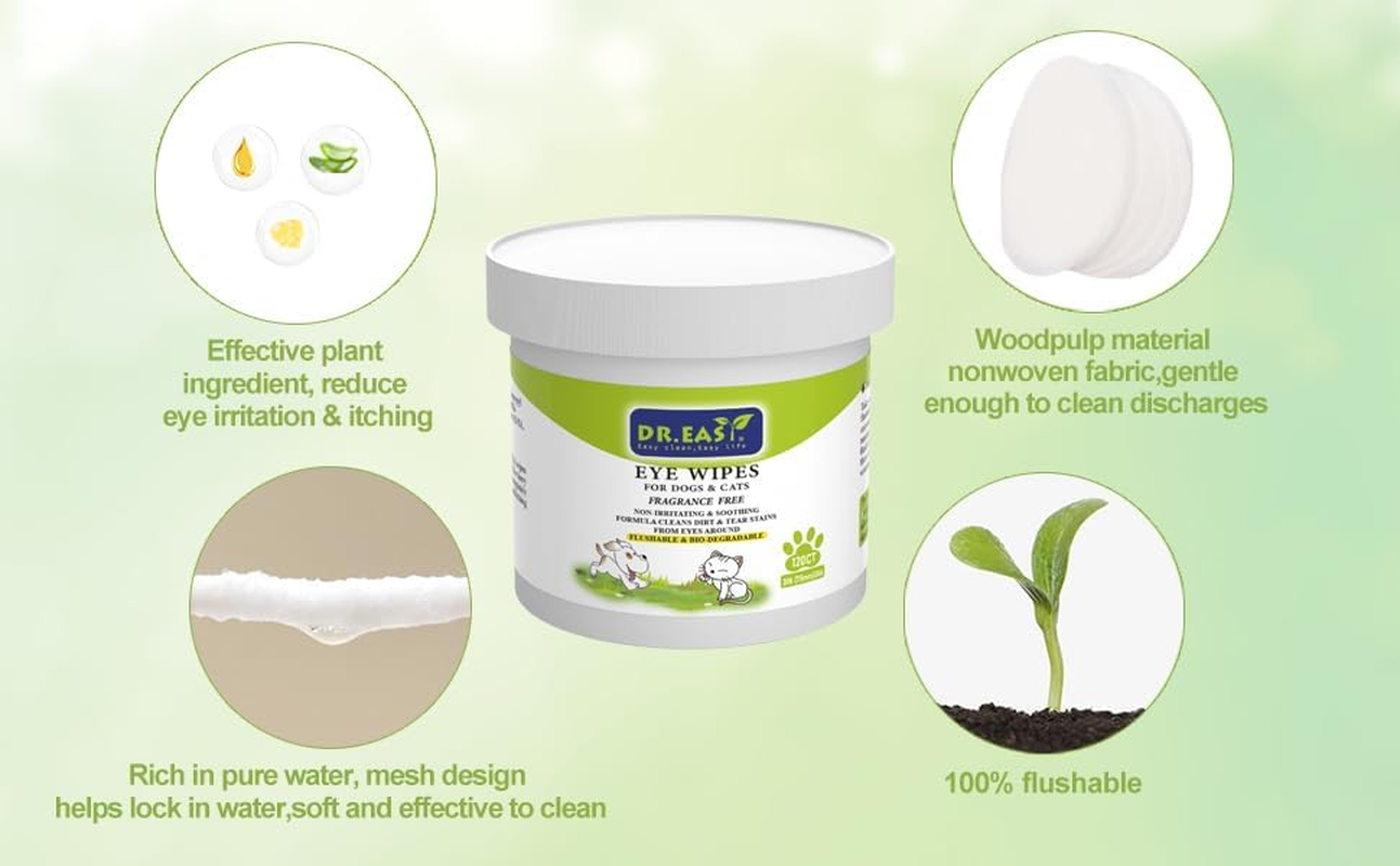 DR.EASY Pet Eye Wipes 120 Ct for Dog Cat Horse & Rabbit Grooming,Tear Stain Remover,Puppy Kitty Eye Wash,Remove Dirt Crust Dried Mucus Discharge Secretions, Unscented Soft & Gentle,Plant Based Formula (Pack of 1) image number 4