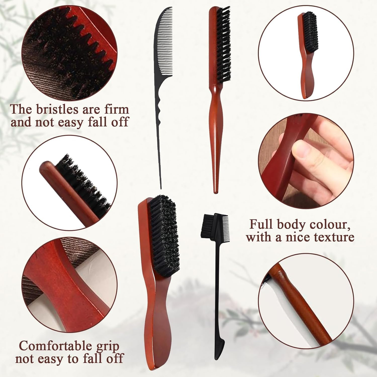 4Pcs Slick Back Hair Brushes Boar Bristle Hair Brush with Crescent Comb and Eyebrow Comb, Wooden Handle Bristle Slick Back Teasing Boar Bristle Sleek Styling Hair Brush image number 5
