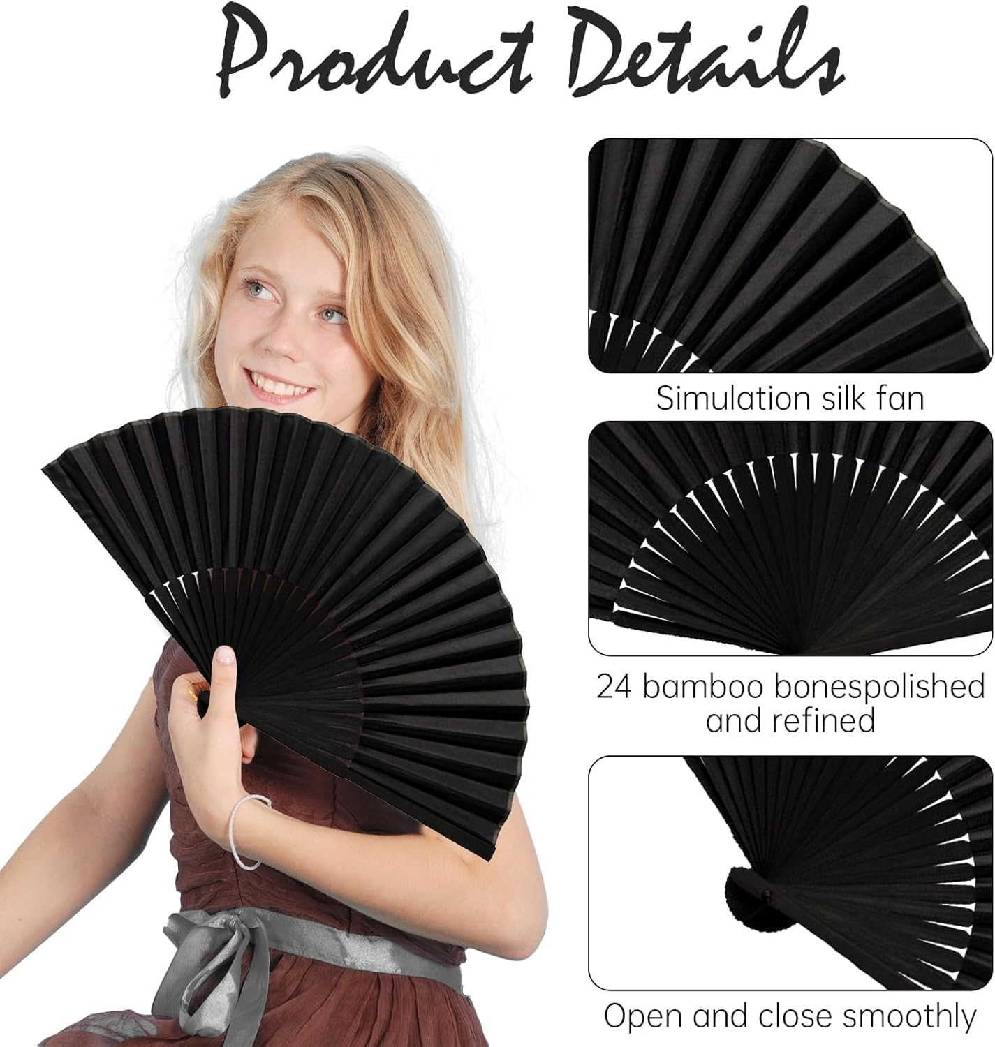 2 Pcs Hand Fan Folding,Chinese Bamboo+Silk Fabric Handheld Fan,Black Vintage Folding Hand Fan for Women/Men,For Dancing Performance,Cosplay,Wedding,Festival Party,Home Decorations, Birthday Gifts image number 2