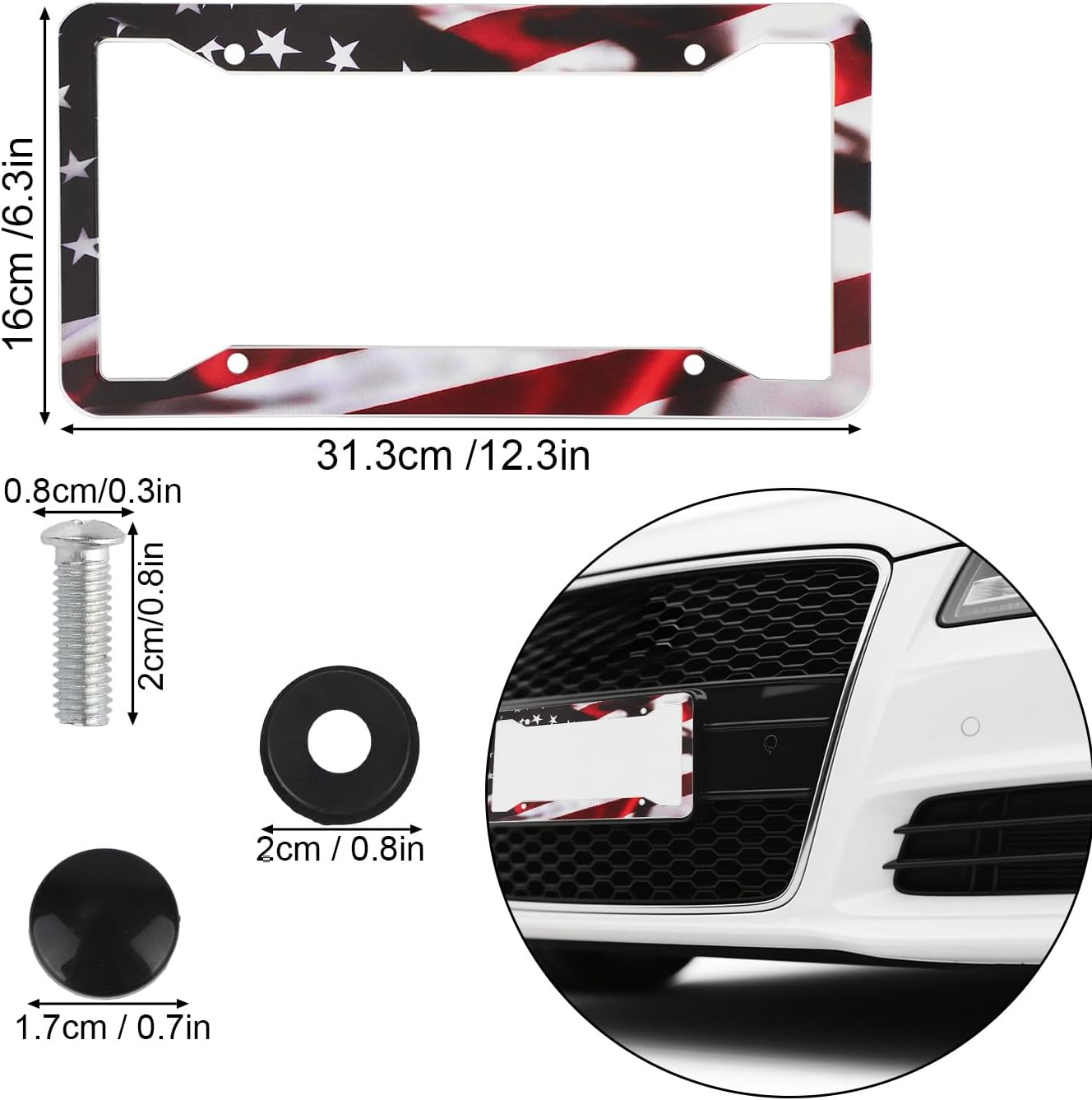 2Pcs Universal American Flag Car Plate Frame, Matte Stripe Design Aluminum Alloy Car Tag Holder with 4-Hole Mounting Includes Screws Caps & Nuts for Men Women image number 3
