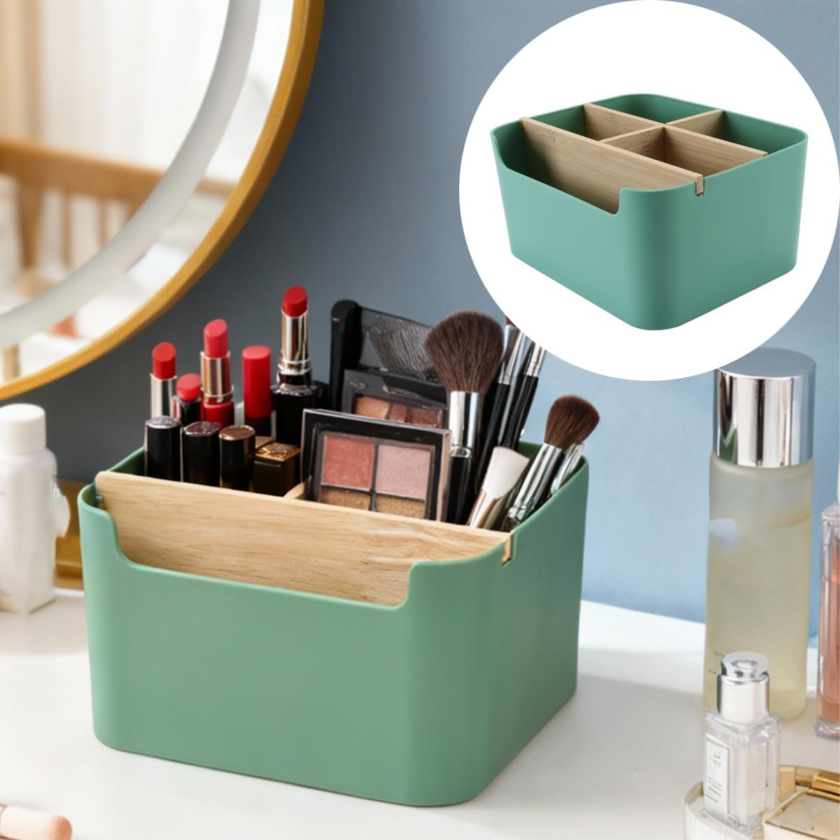 ACOLY Desk Organiser,5 Compartments Detachable Bamboo and Wood Partition Compartment Storage Box with Pen Holder, Storage Box, Desk Organiser(Green) image number 4