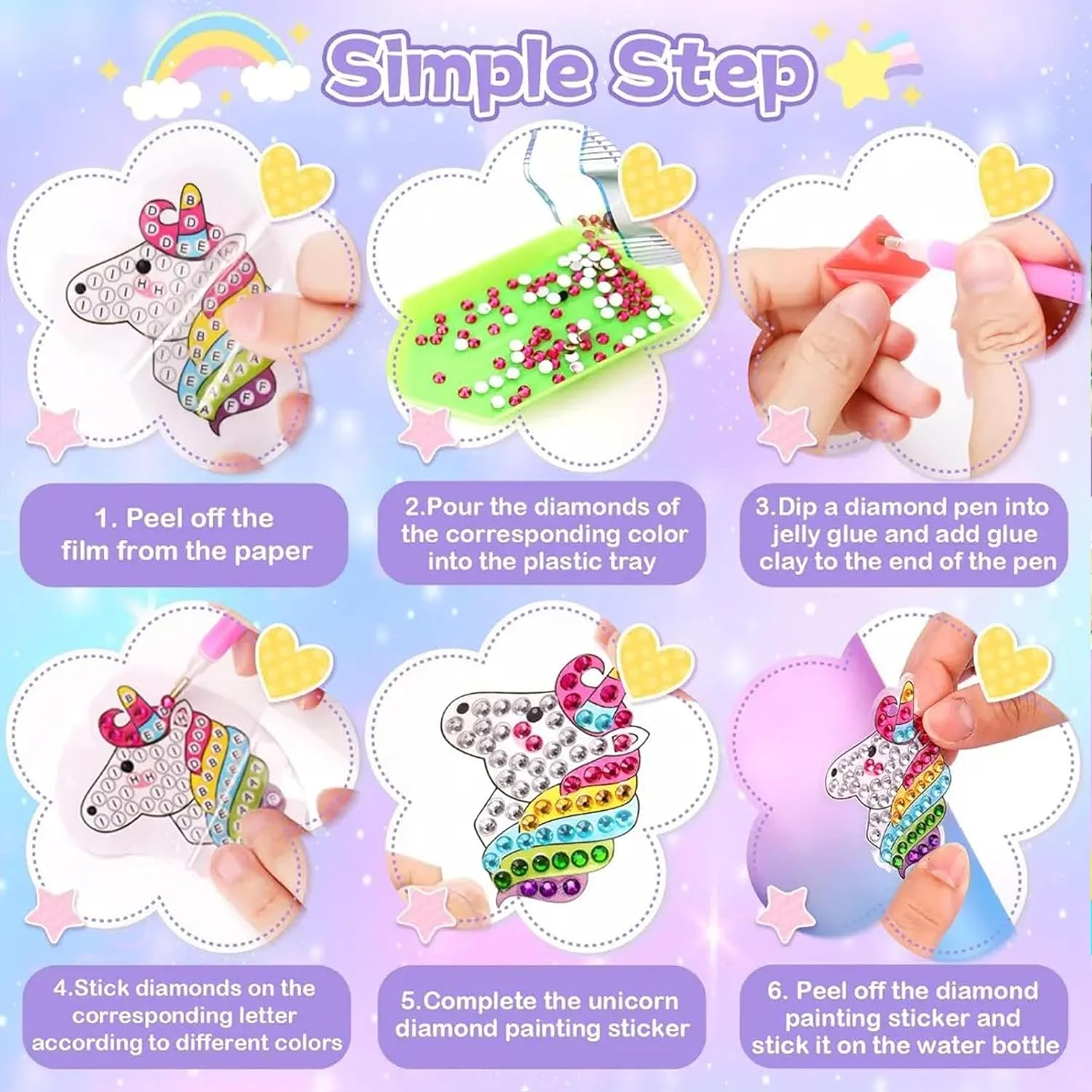 Unicorn Decorate Your Own Water Bottle Kits, Gifts for Girls Age 5 6 7 8 9: Craft Kits for Kids 6-12 Girls Toys 4-12 Year Old Kids Birthday Present for 8-9-10-11 Children Diamond Art Stickers image number 2