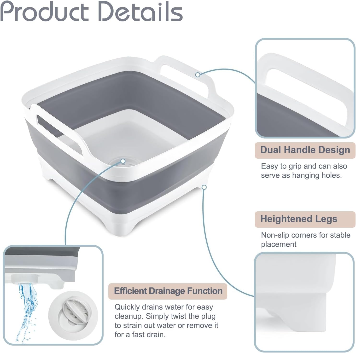 2.4 Gal(9L) Collapsible Dish Basin with Drain Plug, Space Saving Outdoor Multiuse Foldable Sink Tub, Dishpan, Kitchen Storage Tray for Camping, Vegetable Washing, RV image number 6
