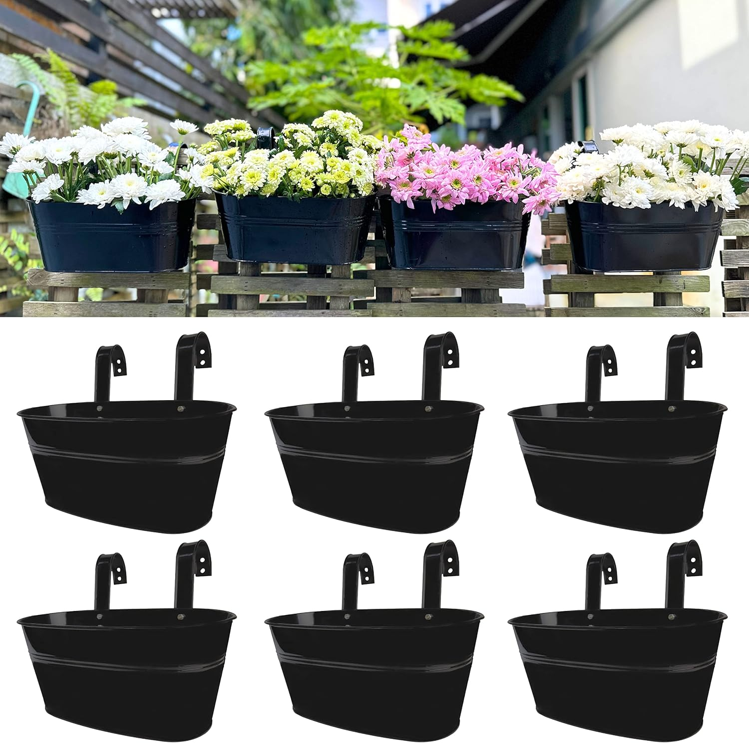 Lalagreen Outdoor Rail Planter (4 Pack, 11.8 Inch) Black Metal Iron Hanging Flower Pots Deck Railings Fence Buckets Modern Countryside Boho Style Wall Mount Window Box Plant Holder Hooks Porch Decor