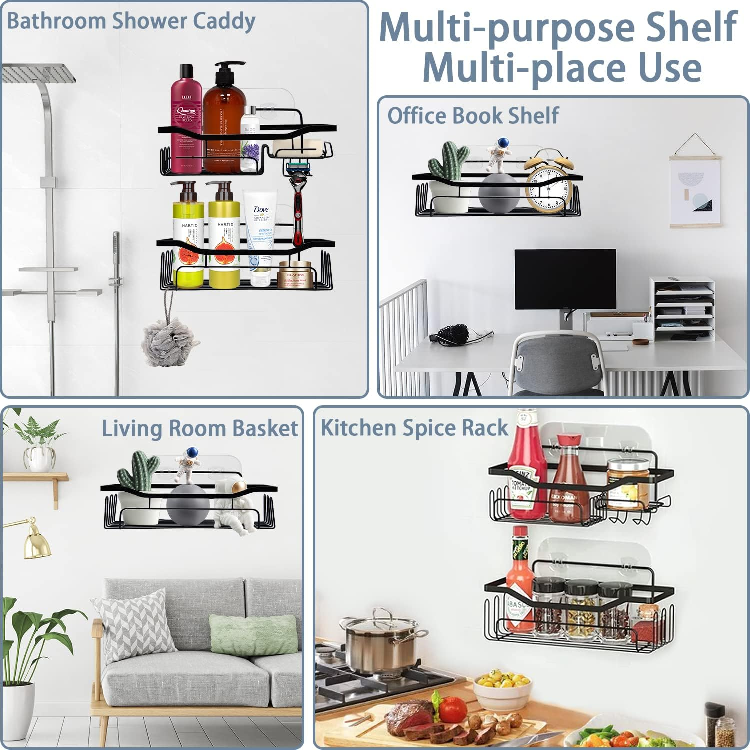 Boperzi Shower Caddy Black Bathroom Organiser - Stainless Steel Wall Shelf Storage Rack Rustproof Wall Mounted No Drilling Holder for Kitchen Storage & Organisation with Hooks, Adhesive Pad, 2 Pack