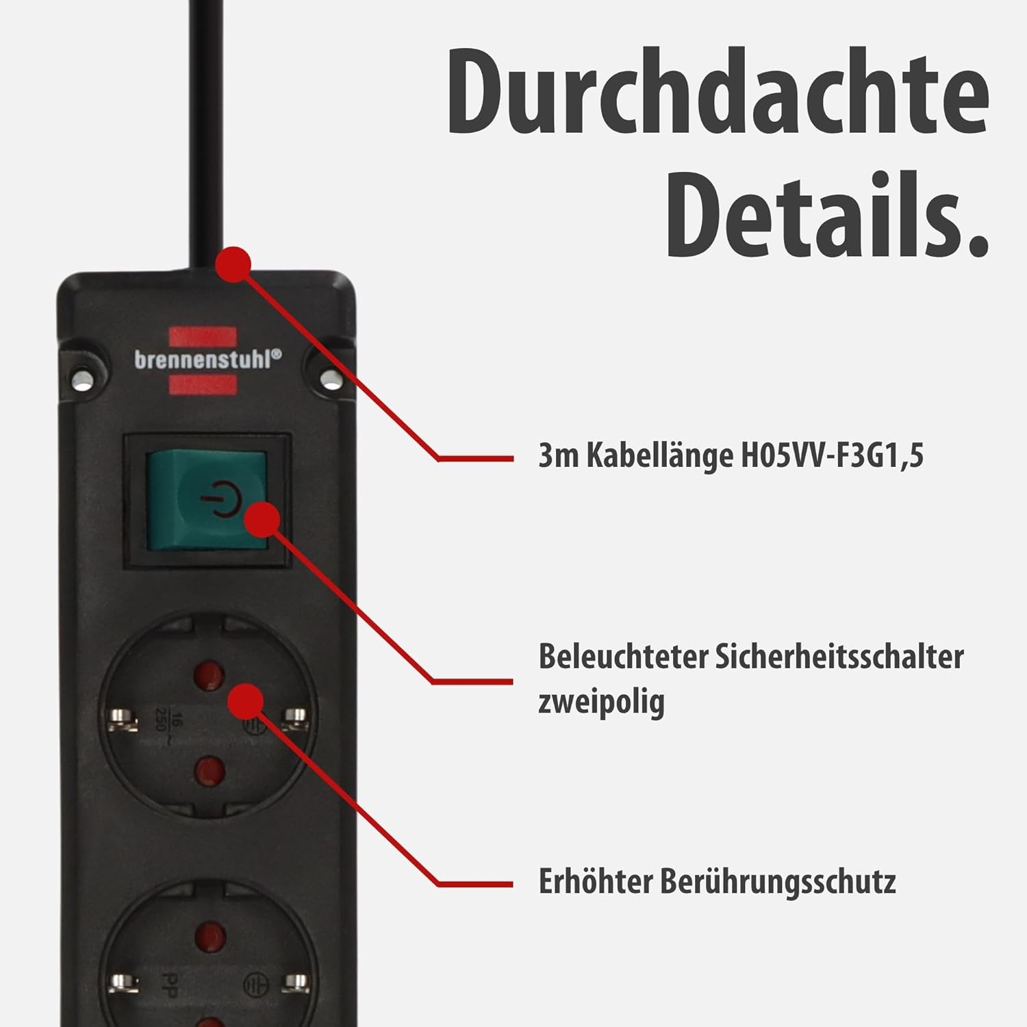 Brennenstuhl Bremounta 5-Way Power Strip with USB Charging Function (Multiple Socket with 90 Degree Sockets, Power Strip with Switch, Mounting Option and 3 M Cable) Black image number 5