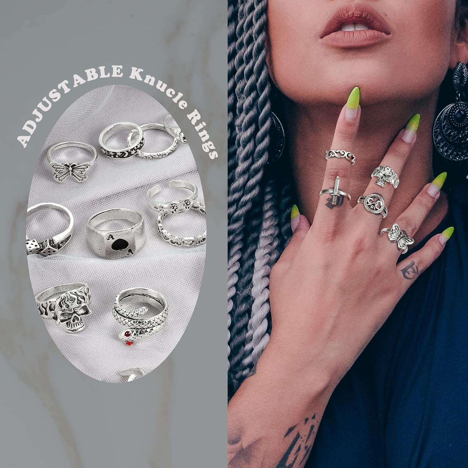 Sanfenly 49PCS Vintage Silver Punk Rings Knuckle Rings Set for Men Women Snake Cross Flower Chunky Rings Open Adjustable Goth Punk Hip Hop Cool Midi Stackable Rings Pack image number 3