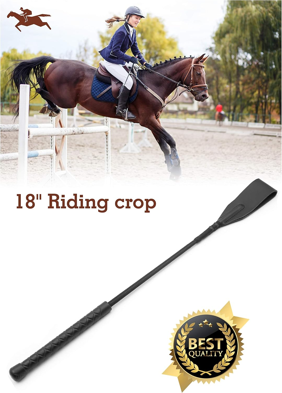 Riding Crop 18" for Horses, Horse Whip with Double Slapper, Equestrian Horse Crop, English Whip with Genuine Leather