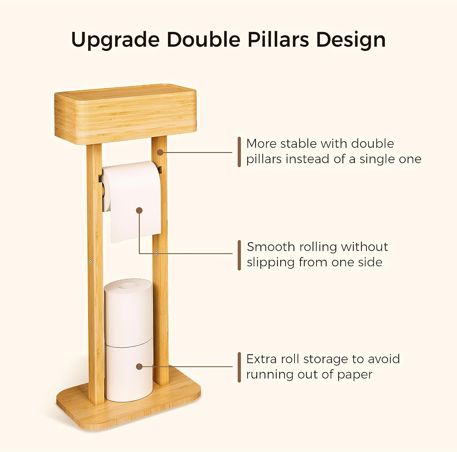 Wealone 4-In-1 Toilet Paper Holder Stand with Storage Shelf Box, 360&deg; Rotating Bamboo Free Standing Toilet Tissue Roll, Toilet Wipes Dispenser Organizer Desktop for Bathroom Decor (Patented) image number 3