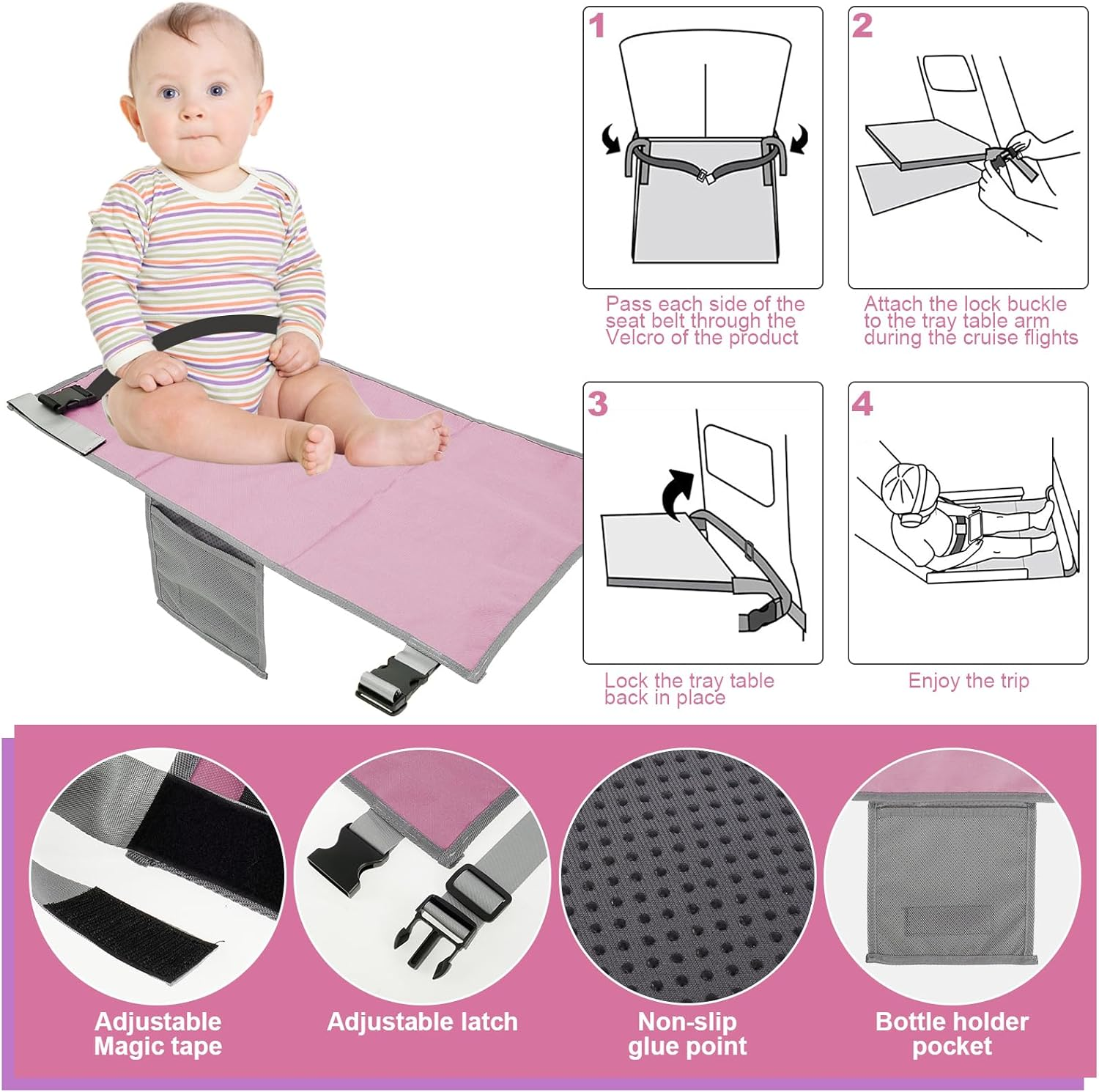 Airplane Seat Extender for Kids, Plane Travel Foot Rest Kids, Airplane Footrest Airplane Travel Essentials for over 2 Years Old Children (Pink) image number 1