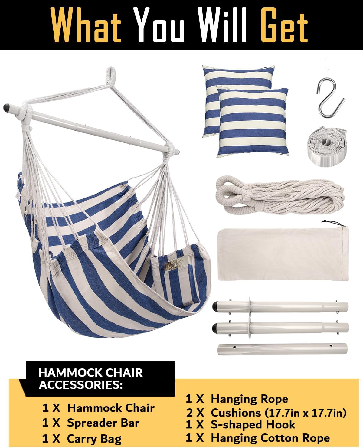 ADVOKAIR Hammock Chair Hanging Chair Swing Large Indoor with Anti-Slip Steel Spread Bar and Pocket-Max 500Lbs-2 Cushions, Perfect for Bedroom,Outdoor,Patio, Porch,Backyard&hellip; - A Rainbow Colors image number 3