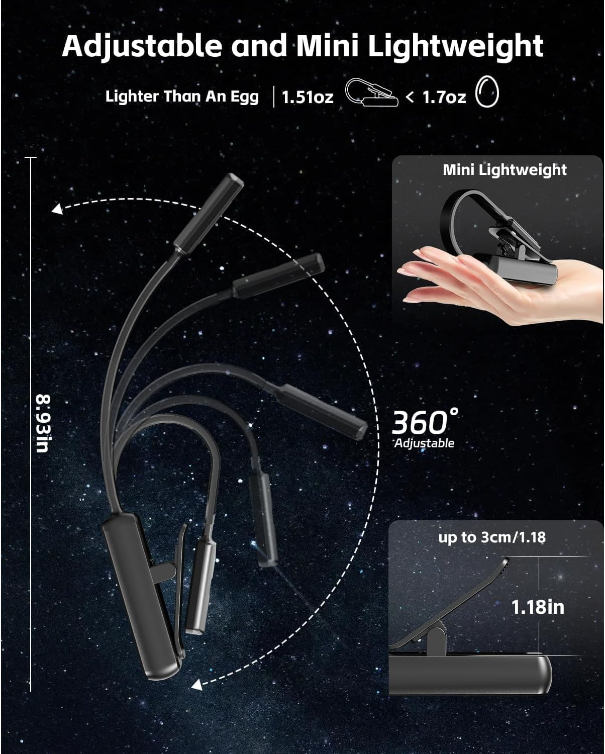 Book Light for Reading in Bed, Clip on Book Lamp with Stepless Dimming & 3 Colour Modes, Lightweight Battery Operated Clip-On Light for Kindle, Travel, Desk(Black) - Black image number 4