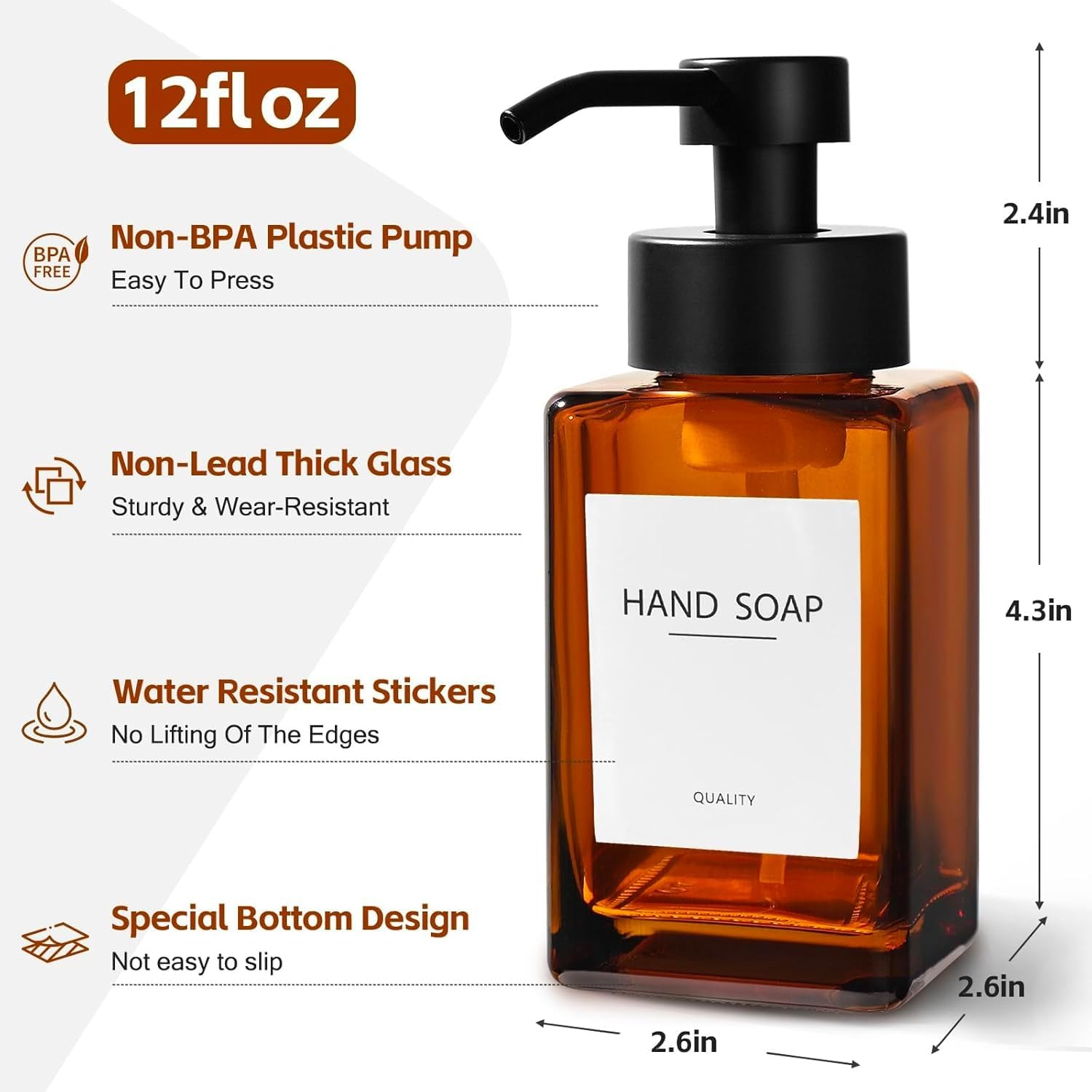 2Pcs Refillable Foam Soap Dispenser with Foaming Pump ，12Oz/350Ml Glass Foaming Hand Soap Dispenser Set，With Foaming Pump for Bathroom, Kitchen (Amber)
