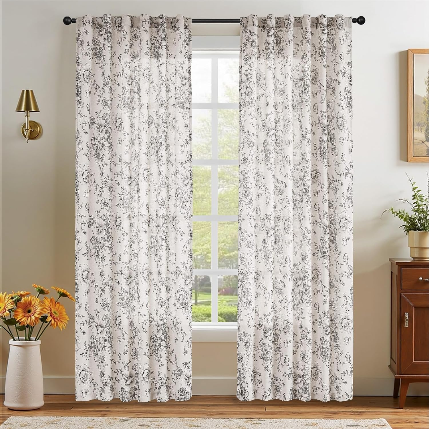 JINCHAN Linen Floral Curtains for Living Room Bedroom Black Printed Curtains Rod Pocket Back Tab Farmhouse Peony Flower Patterned Drapes Set of 2 Panels,Each W127Cm X D213Cm image number 3
