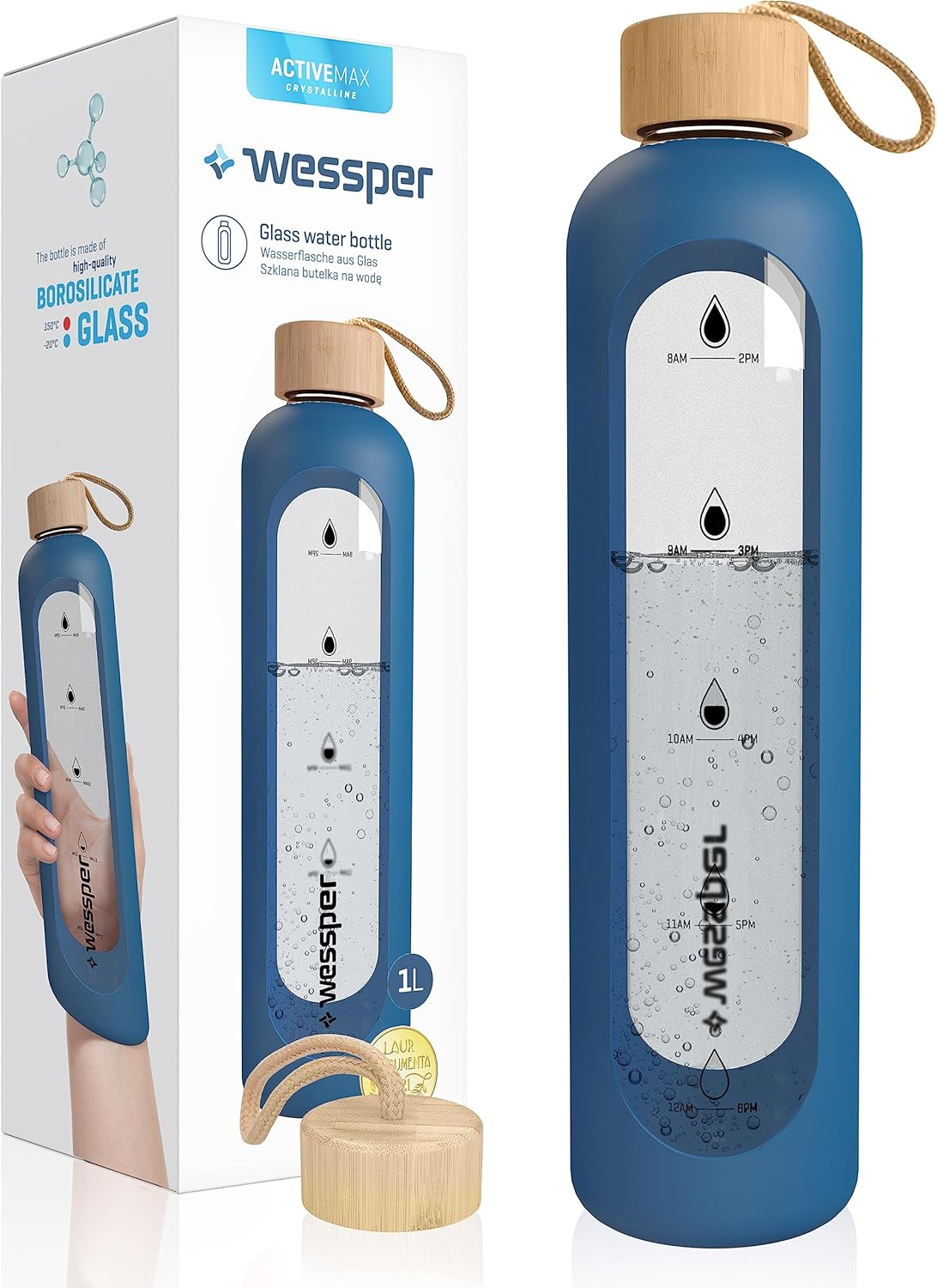 Wessper Glass Drinking Bottle, 1 Litre with Time Markings, Bpa-Free Drinking Motivation, Borosilicate Water Bottle, Airtight Glass Bottle with Bamboo Lid, Reusable, with Silicone Case, White