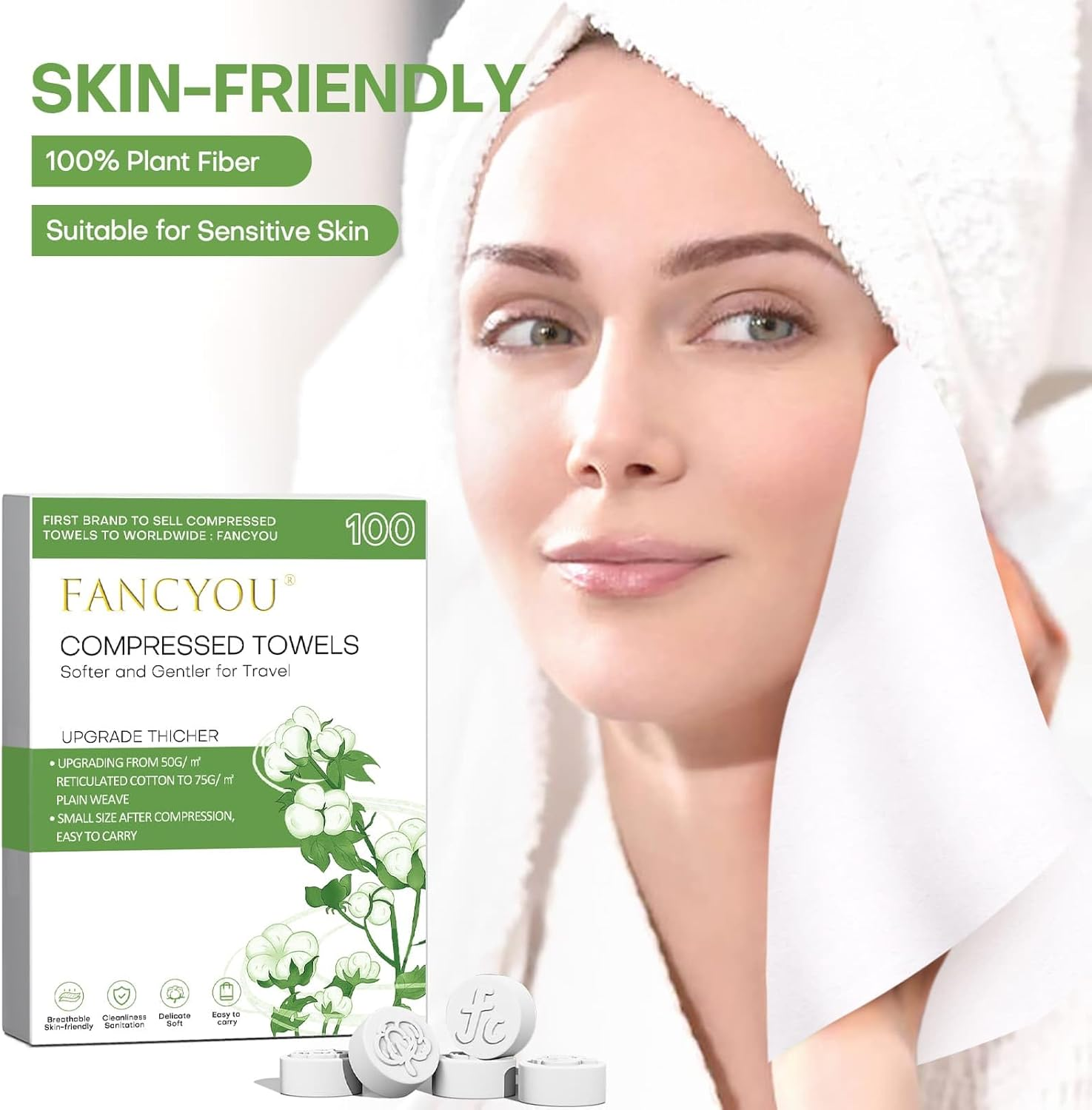 Fancyou Compressed Towels Tablets, Thick Disposable Face Towel Compact Portable Cotton Wipes Coin Tissues for Mini Travel Essentials, Travel Skin Care, Beauty Salon, Gym, Tattoo, Home(100 Count Green) image number 3