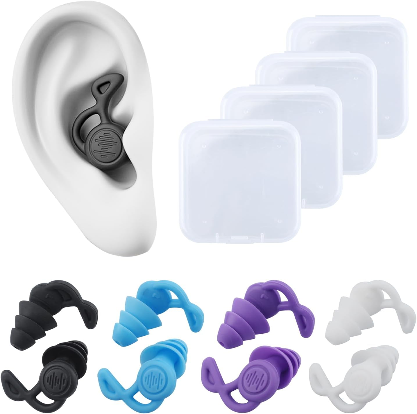 Reusable Silicone Ear Plugs for Swimming, Surfing, Water Skiing, Canoeing, Bathing, Hearing Protection, Learning, Working - 4 Pairs (Black, White, Blue, Purple) image number 3