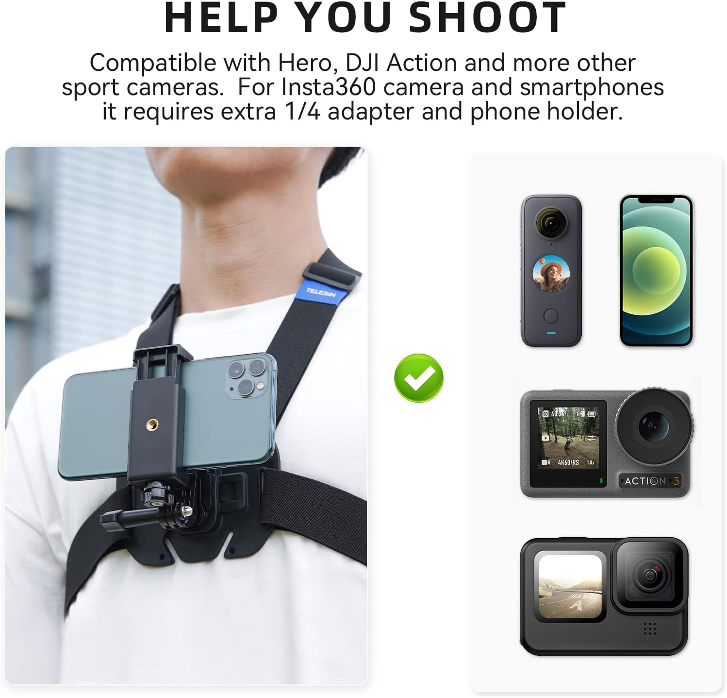 TELESIN Vest Chest Strap Mount for GO PRO DJI Insta360 Phone,Shoulder Chest Belt Quick Release Holder with Phone Clip for Hero 11 Insta360 X3 X2 DJI Osmo Action Camera Iphone Samsung AKASO POV Vlog image number 5