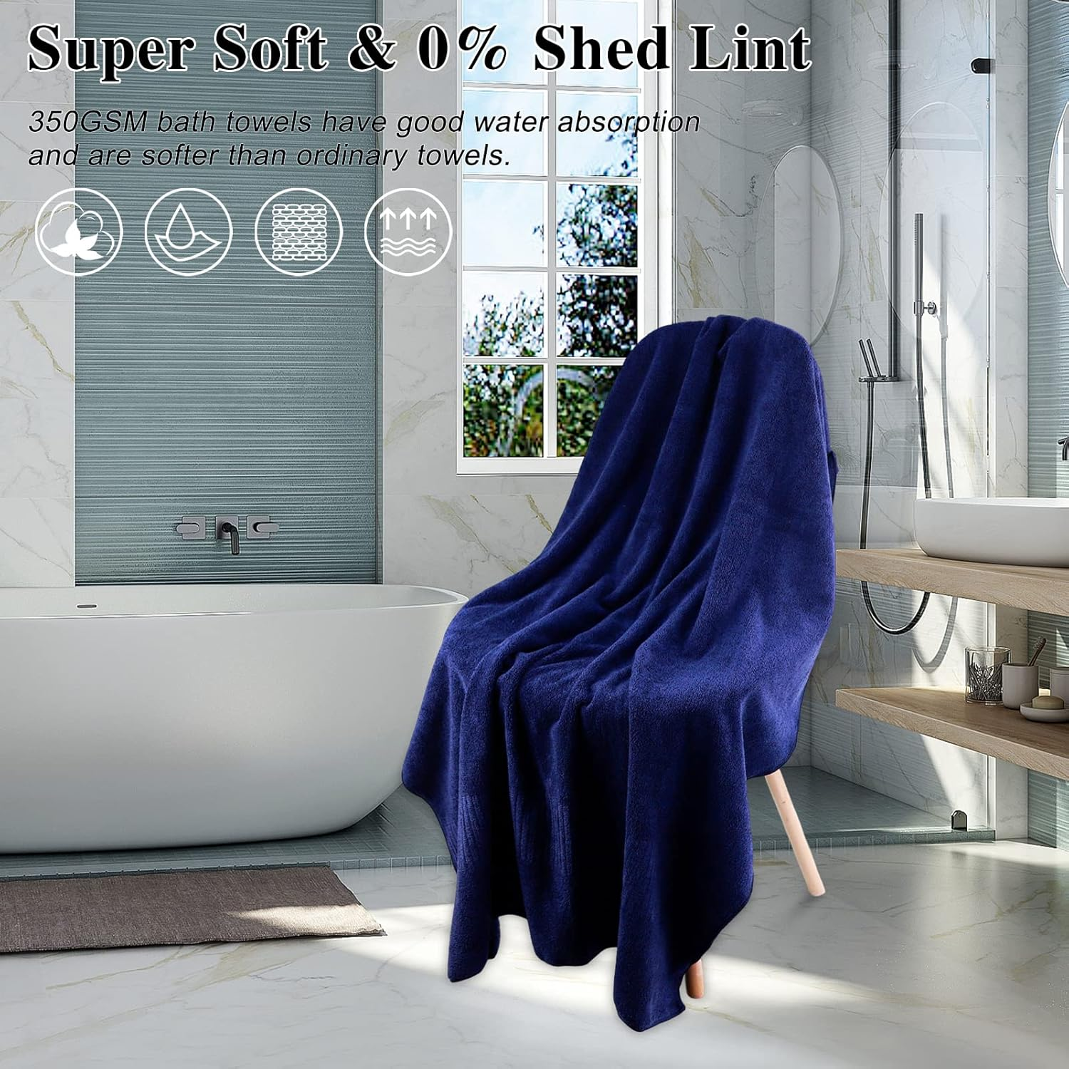 SEISSO Pack of 2 Bath Towel, Premium Bamboo Fibre Bath Sheets 90 X 160Cm, Super Soft, Highly Absorbent and Quick Dry Bath Sheet, Use for Hotel, Spa, Bathroom, Sports Towels, Yoga Towel, Dark Blue - Dark Blue image number 3