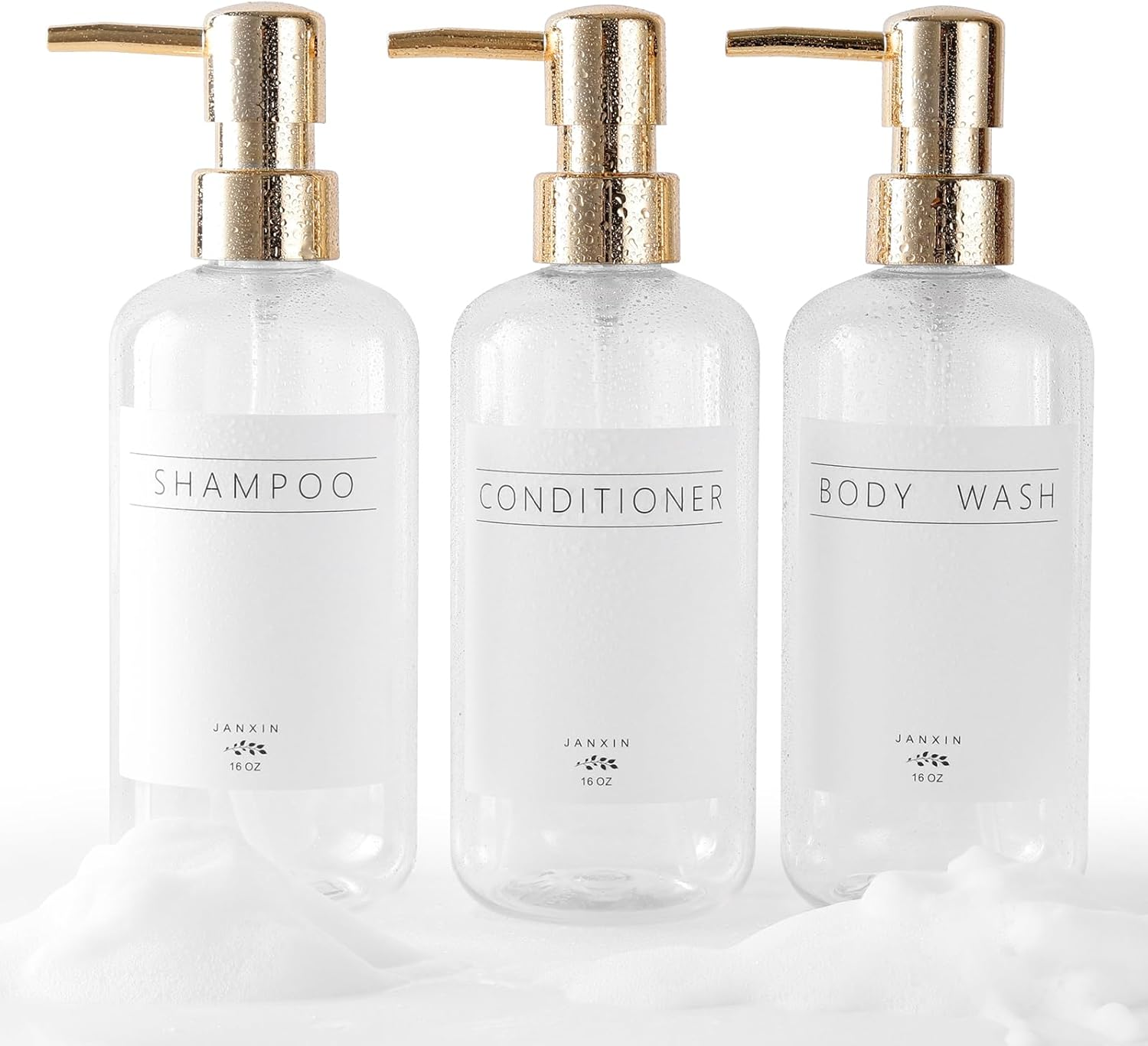 Janxin Shampoo and Conditioner Dispenser Set of 3,Modern Refillable 16Oz Shampoo and Conditioner Bottles with Pump,Stylish Shower Soap Dispenser with Waterproof Labels for Bathroom(Clear) image number 2