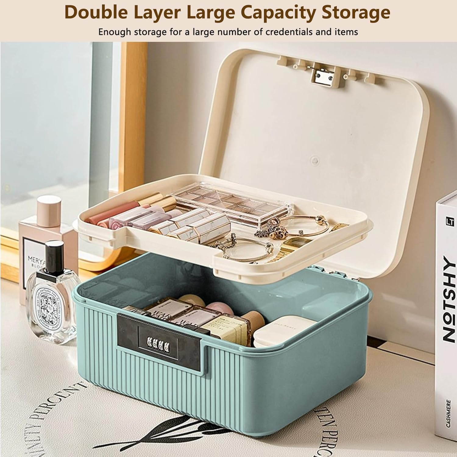 Lockable Storage Box, Double Layer Storage Lock Box for Files Organizer, Password Locking Storage Box, Lockable Storage Container for Home Office Kitchen Safety (White) - White image number 2