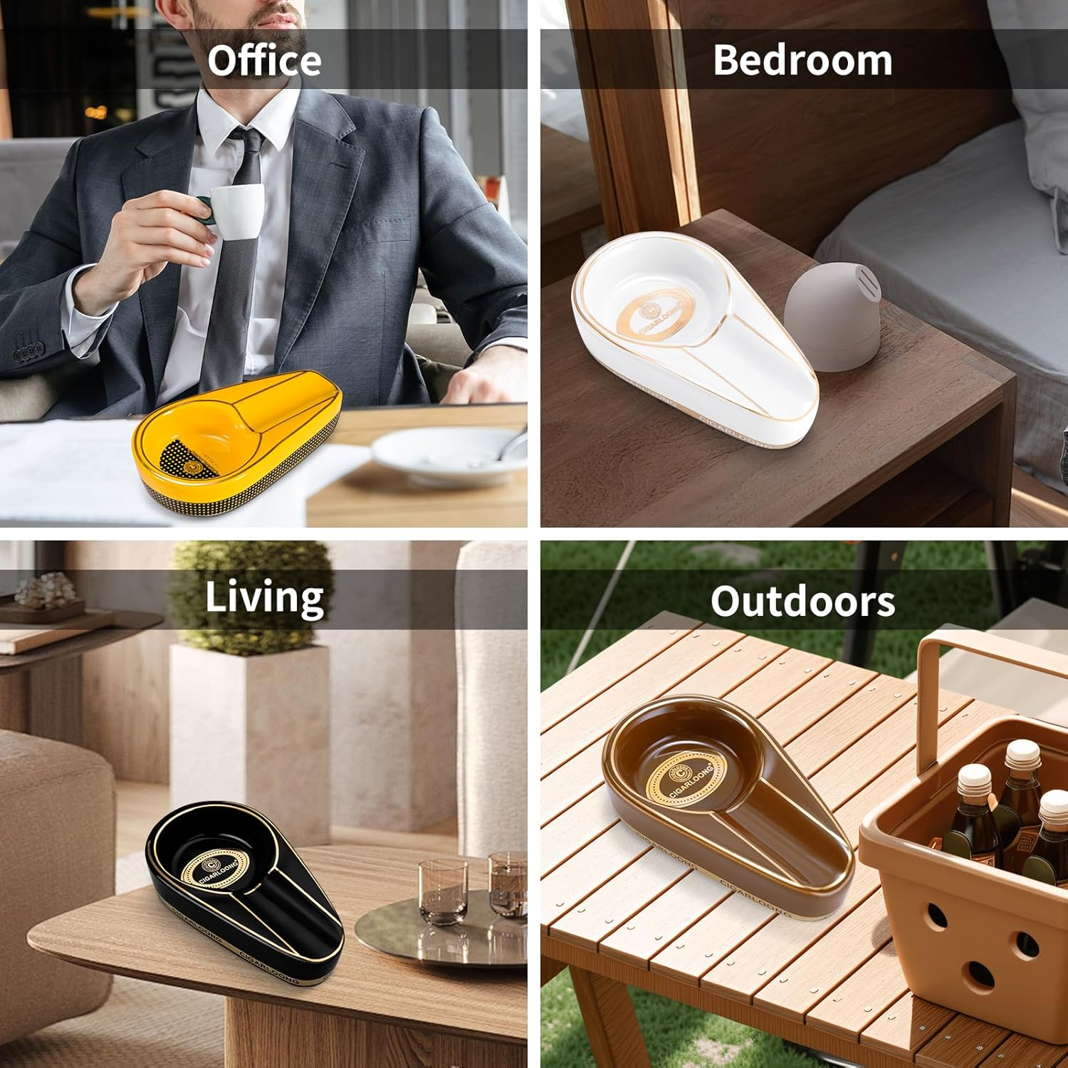 Cigar Ashtray for Outdoor, Ceramic Ashtray, Portable Cigar Ashtray for Home, Patio, Travel (Yellow) - Black image number 4