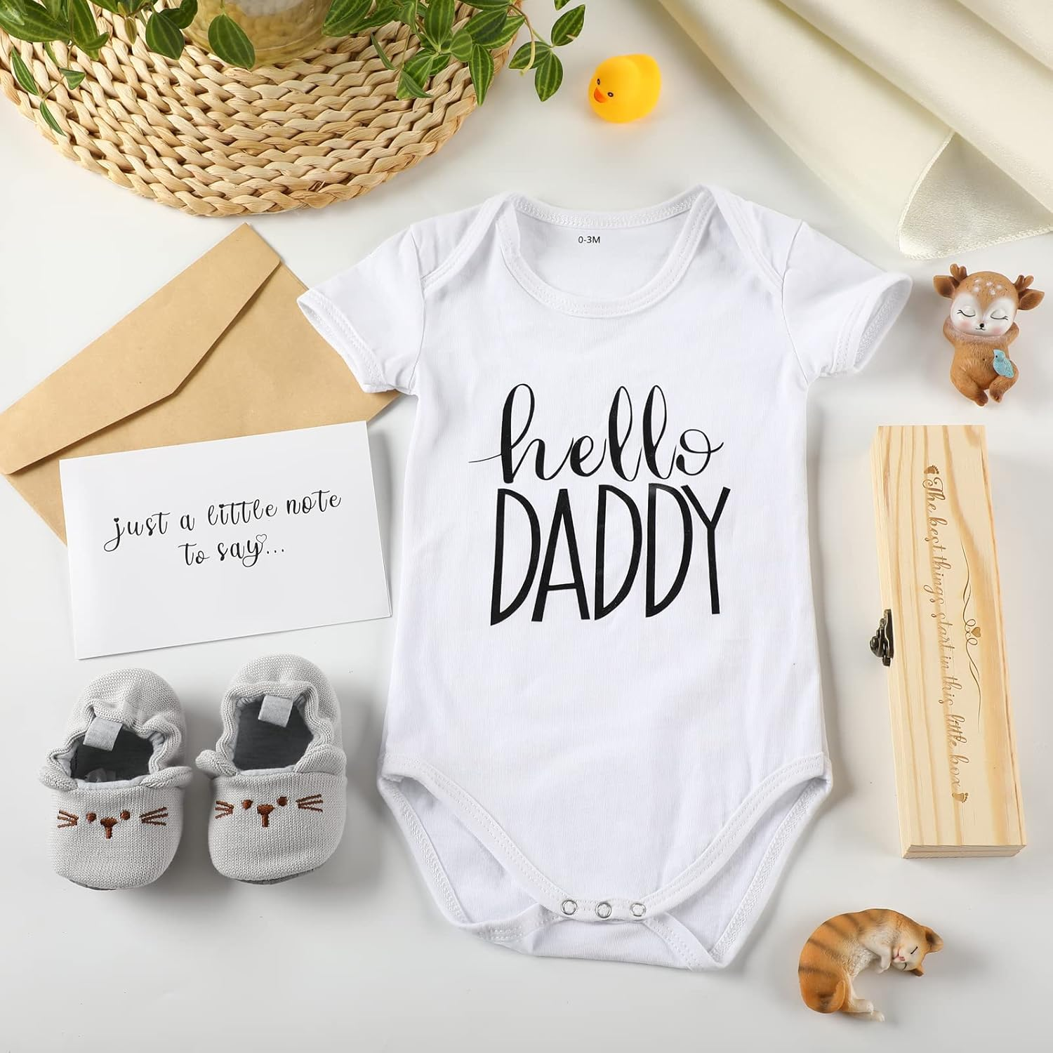 Jiuguva Surprise Pregnancy Announcements for Dad Test Keepsake Box Wooden Baby Announcement Hello Daddy Bodysuit Shoes Reveal Card Envelope Gift Sets Husband Partner image number 4