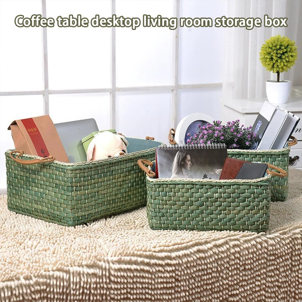 Shukitechi Woven Storage Basket for Drawers, Large Green Corn Fiber Basket, Multi-Purpose Shelf Organization Basket for Home, Bedroom, Kitchen, Office image number 1