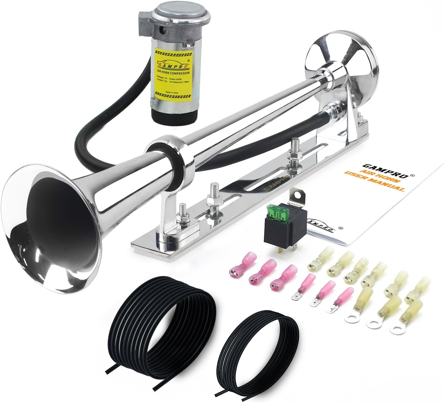 12V 150Db Air Horn, 18 Inches Chrome Zinc Single Trumpet Truck Air Horn with Compressor for Any 12V Vehicles Lorrys Trains Boats Cars (Black)