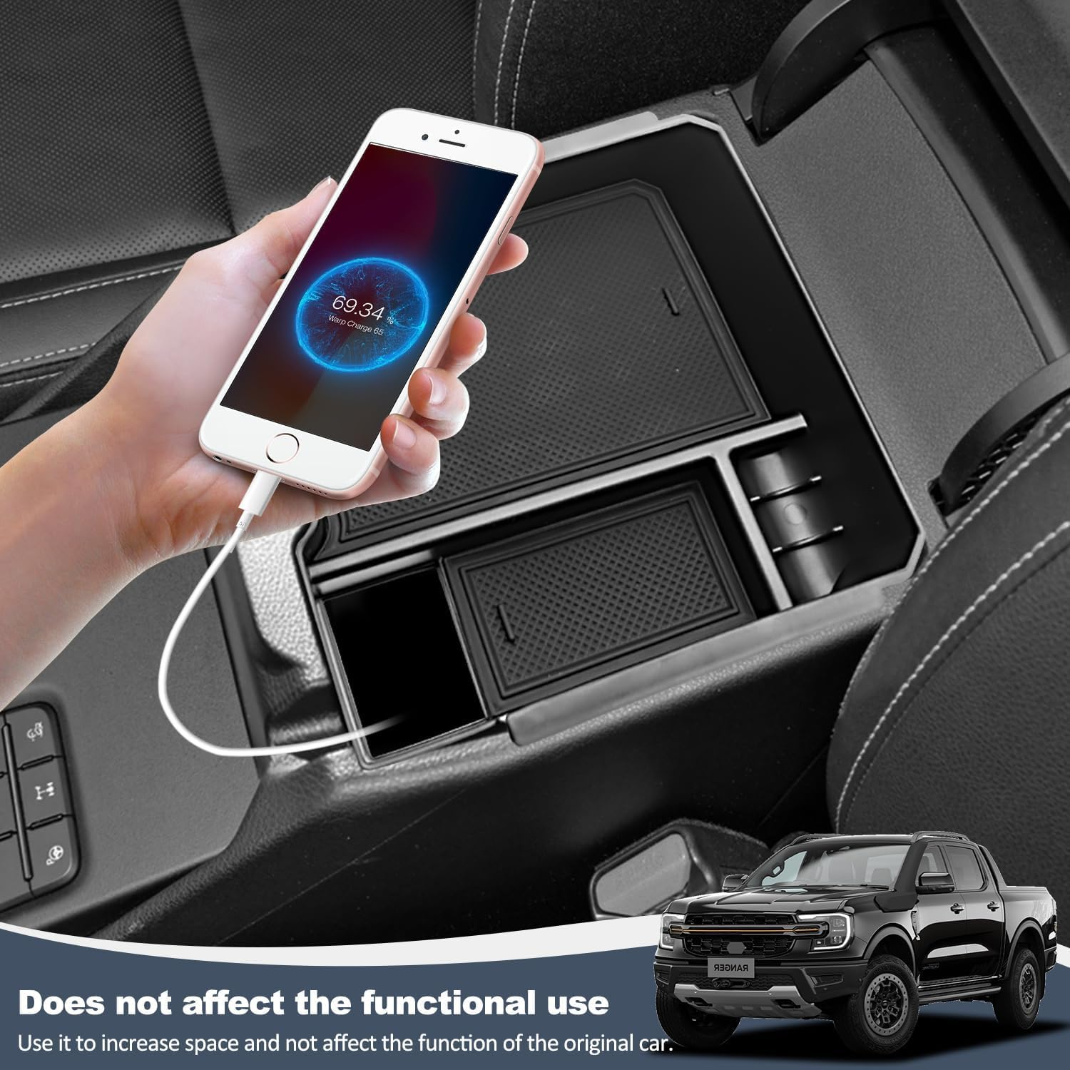 For 2024-2025 Ford Ranger Center Console Organizer, for 2024-2025 Ford Ranger Raptor Armrest Storage Box Insert Holder (Electric Handbrake Version)