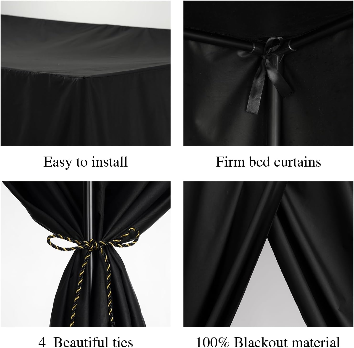 Black Canopy Bed Curtains - 4 Corner Post Bed Curtains Queen Lightproof Drapes Bed Canopy Curtains with Tie Backs for Adults & Girls Bedroom Decoration(Black,Queen) image number 4