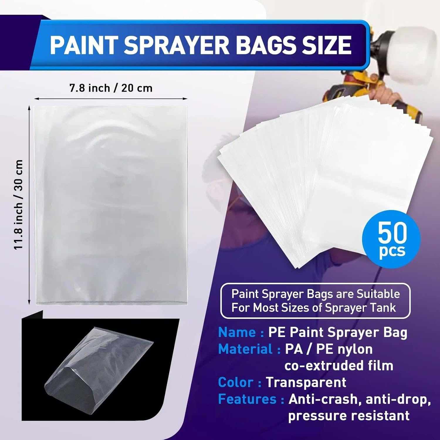 Paint Sprayer Liners Bags for Easy Cleanup, Clear Plastic Cup Liners Set of 50, 20 X 30 Cm, Fits Wagner Paint Sprayers - Abvian image number 4
