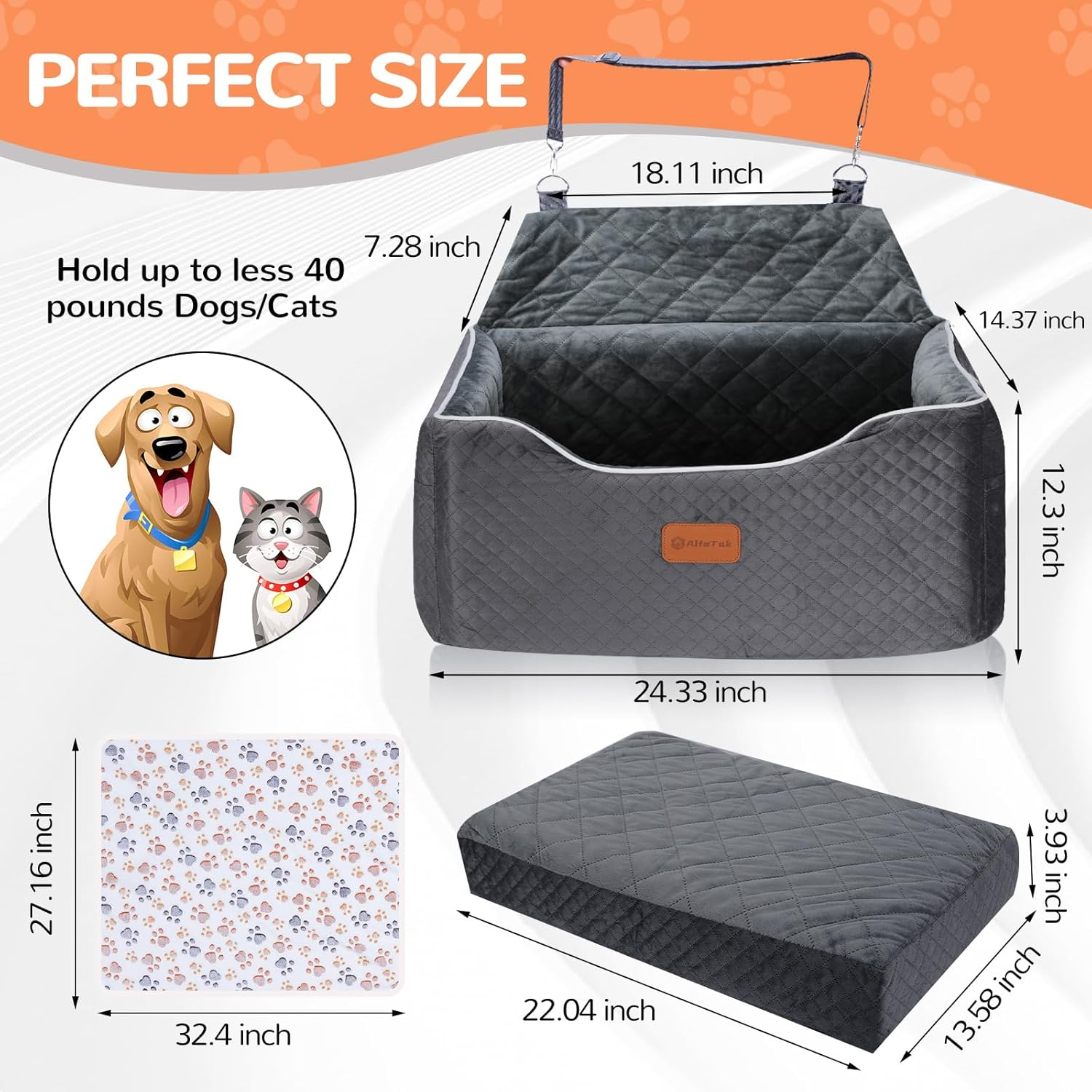 Alfatok Memory Foam Booster Dog Car Seat Medium Dogs, Elevated Pet Car Seat under 45 LBS, Detachable Washable, Anti-Slip Dog Booster Seat for Car Back Seat Only, Travel Dog Car Bed, Dog Seat Belt image number 6