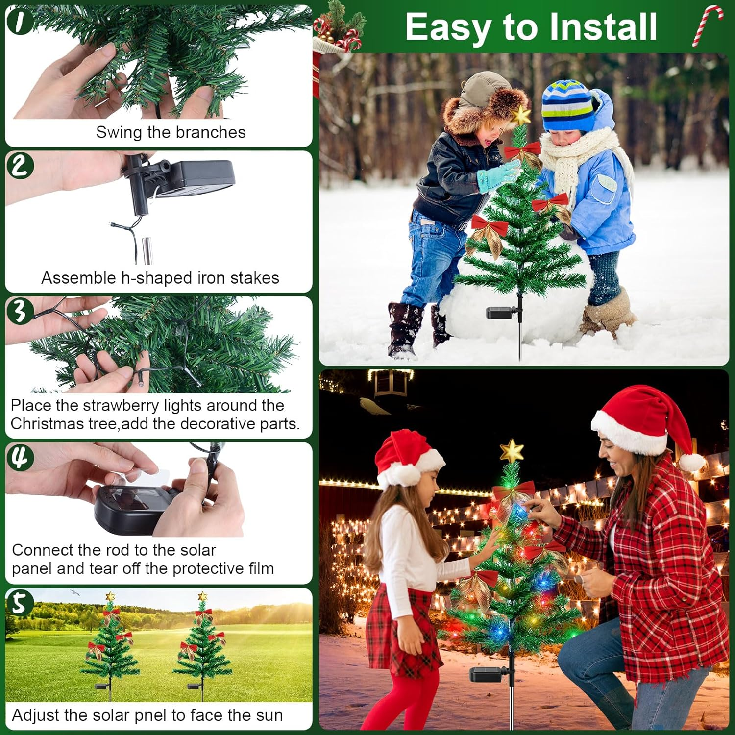 Ninonly 2 Pack Solar Christmas Tree Light, 85CM Solar Powered Outdoor Christmas Tree Garden Lights with 30 Leds Bows Stars Ornaments, Waterproof Solar Xmas Tree Stake for Yard Pathway Walkway image number 3