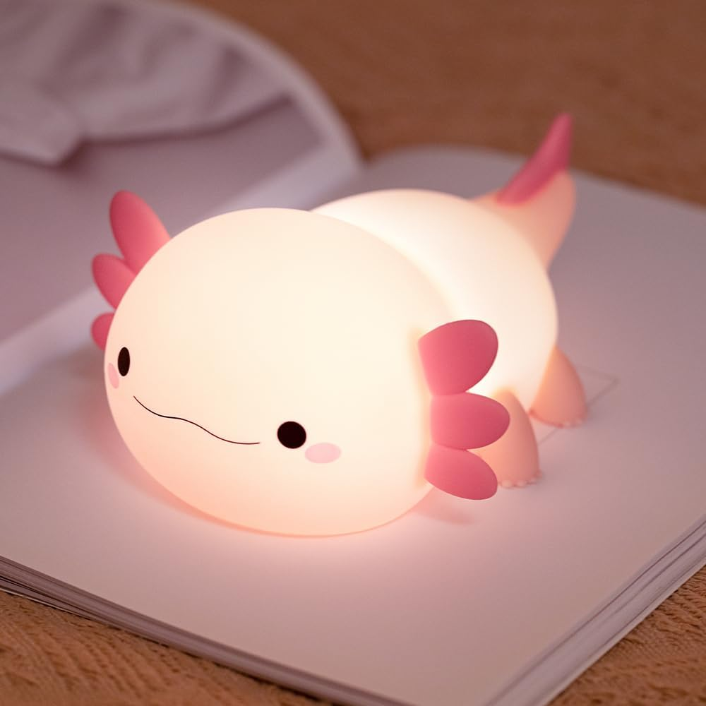 Magical JD Axolotl Night Light for Kids Bedroom, Animal Silicone Nursery Night Lamp Touch Dinosaurs Nightlights USB Rechargeable Bedside Lamp for Baby Children Toddlers Girls Gift (Pink Axolotl)