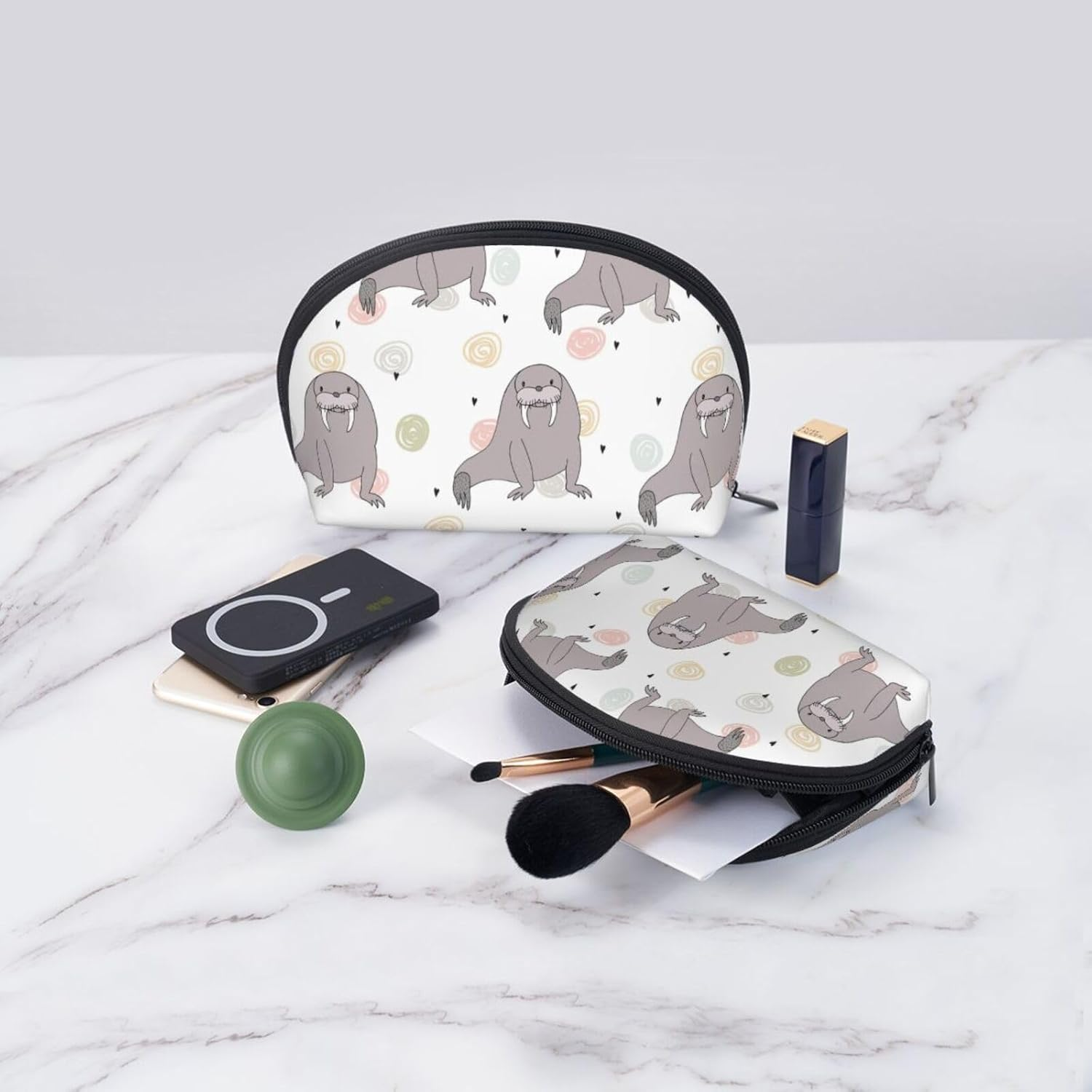 Cozimangoe Coin Pouch Makeup Bags Set, 2 Piece Shell Shape Cosmetic Bag with Pockets for Daily Travel Handbag Lipstick Keys Toiletry, Personalized Seal and Walrus Pattern image number 3