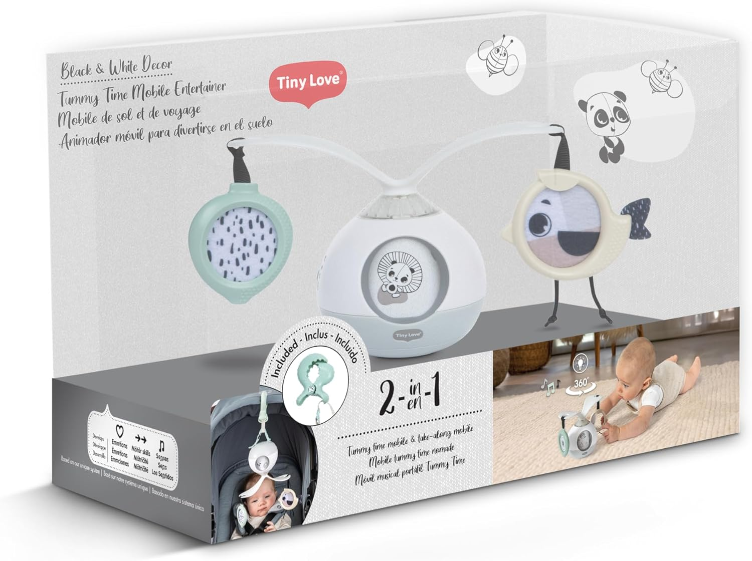 Tiny Love Black & White Decor Collection 2-In-1 Tummy Time Mobile Entertainer - Engaging & Portable Baby Gym with Music, Lights, and Peek-A-Boo Fun, Nursery Mobile, Take along Mobile image number 2