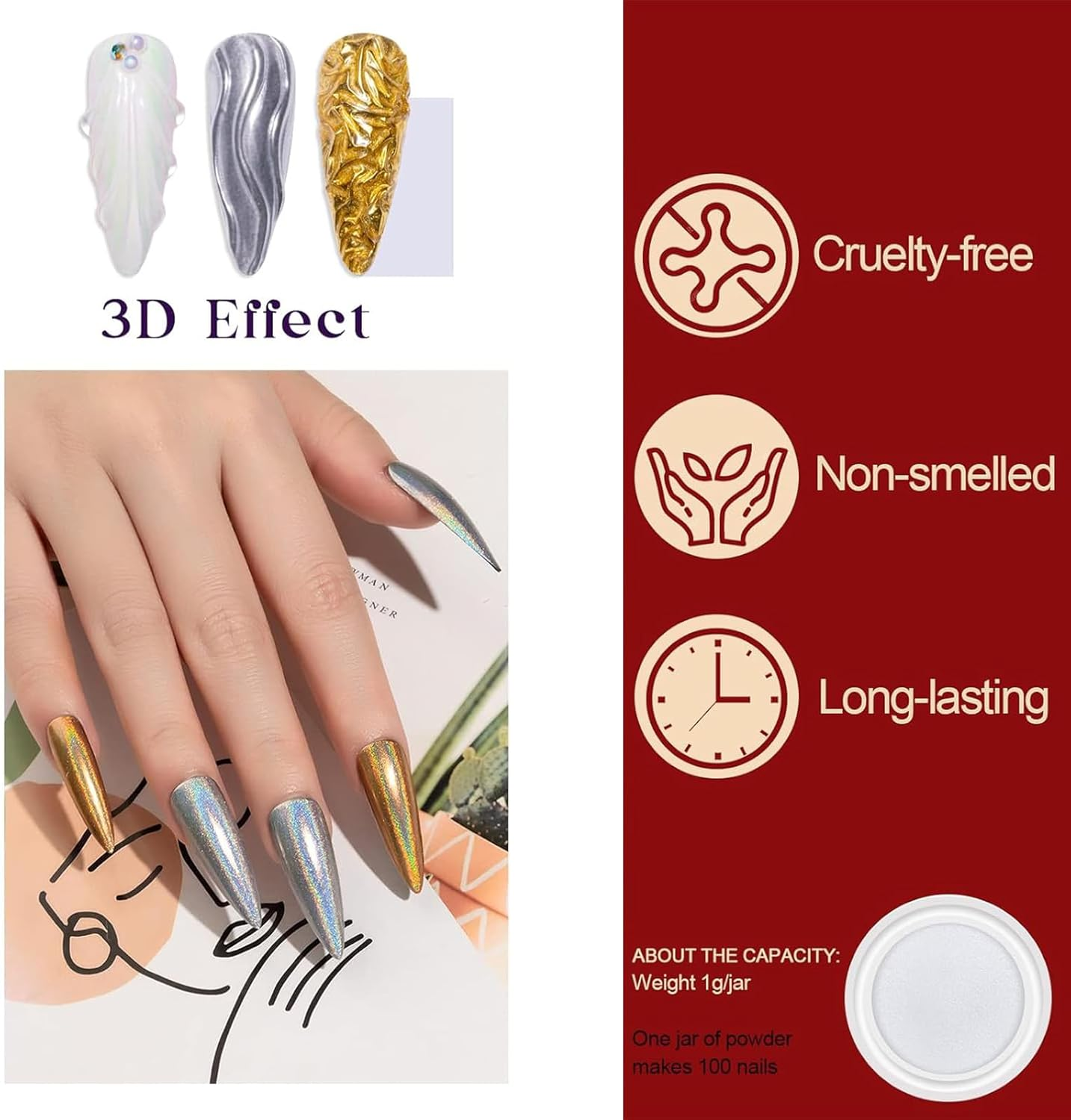 Chrome Nail Powder &ndash; Gold & Silver Iridescent Pearl Chrome Powder, Holographic Mermaid Glitter Pigment for Nails, Aurora Mirror Effect(2 Set12 Colors)