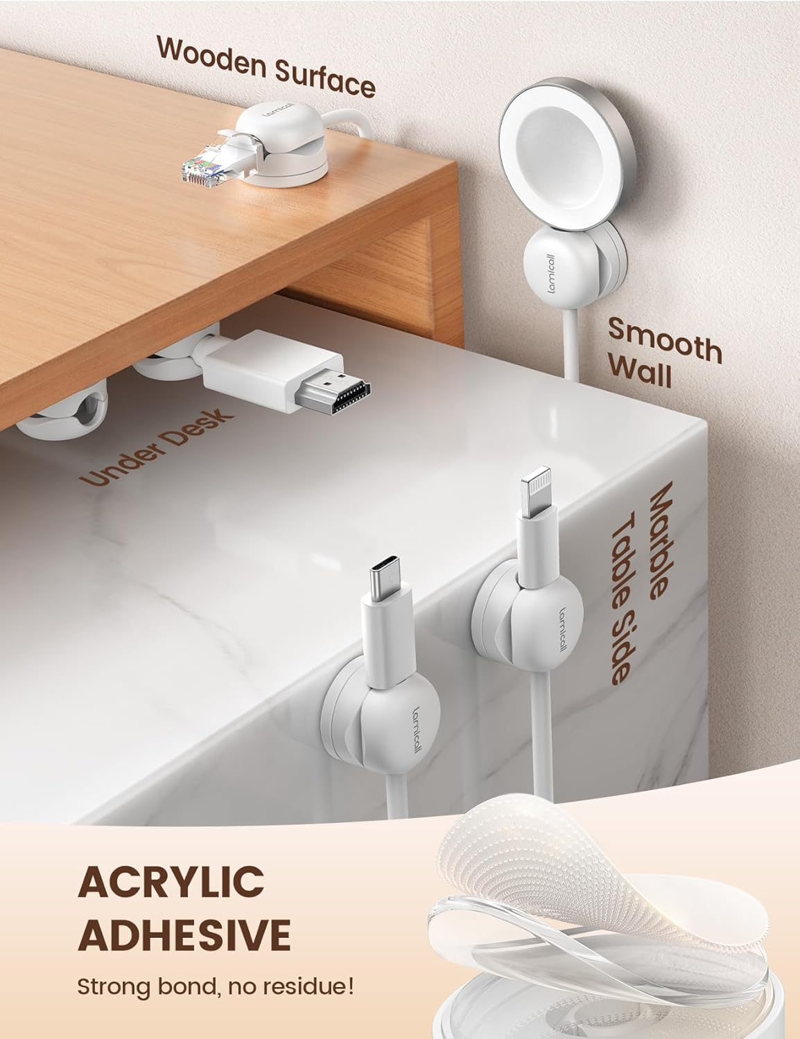 6Pack Cord Organizer, [1S Lock] Spring Cable Clips - [Upgrade Rotatable] Lamicall Cord Holder Management, Desk Phone Charger Holder, Adhesive USB Wire Organizer Keeper for Office Nightstand, White - Black image number 6