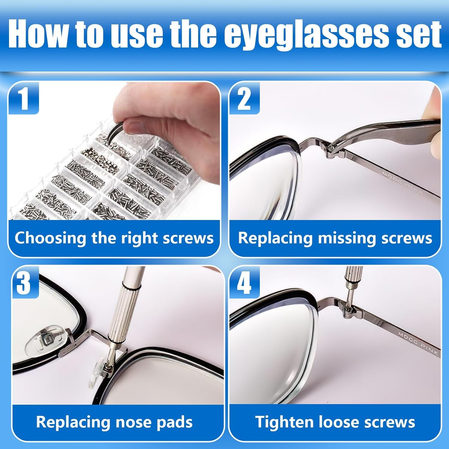 Eyeglasses Repair Tool Kit, Eyeglass Repair Kit with Glasses Screwdriver, 14 Sizes Glasses Screws for Eyeglasses, Sunglasses, Watch, Clock, Electronics Repair (1000Pcs) image number 4