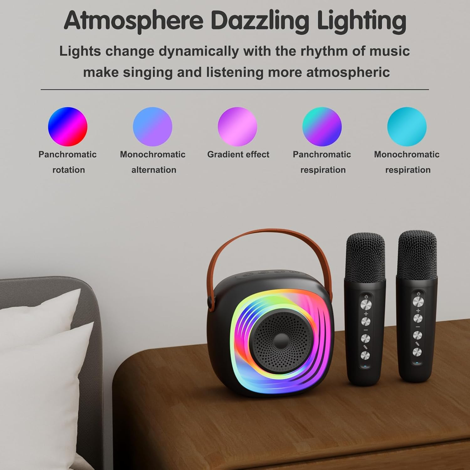 Karaoke Machine for Kids Adults, Portable Bluetooth Speaker with Wireless Microphone and Colorful Lights, Gifts for Girls Boys Birthday/Home Party(Black) image number 2